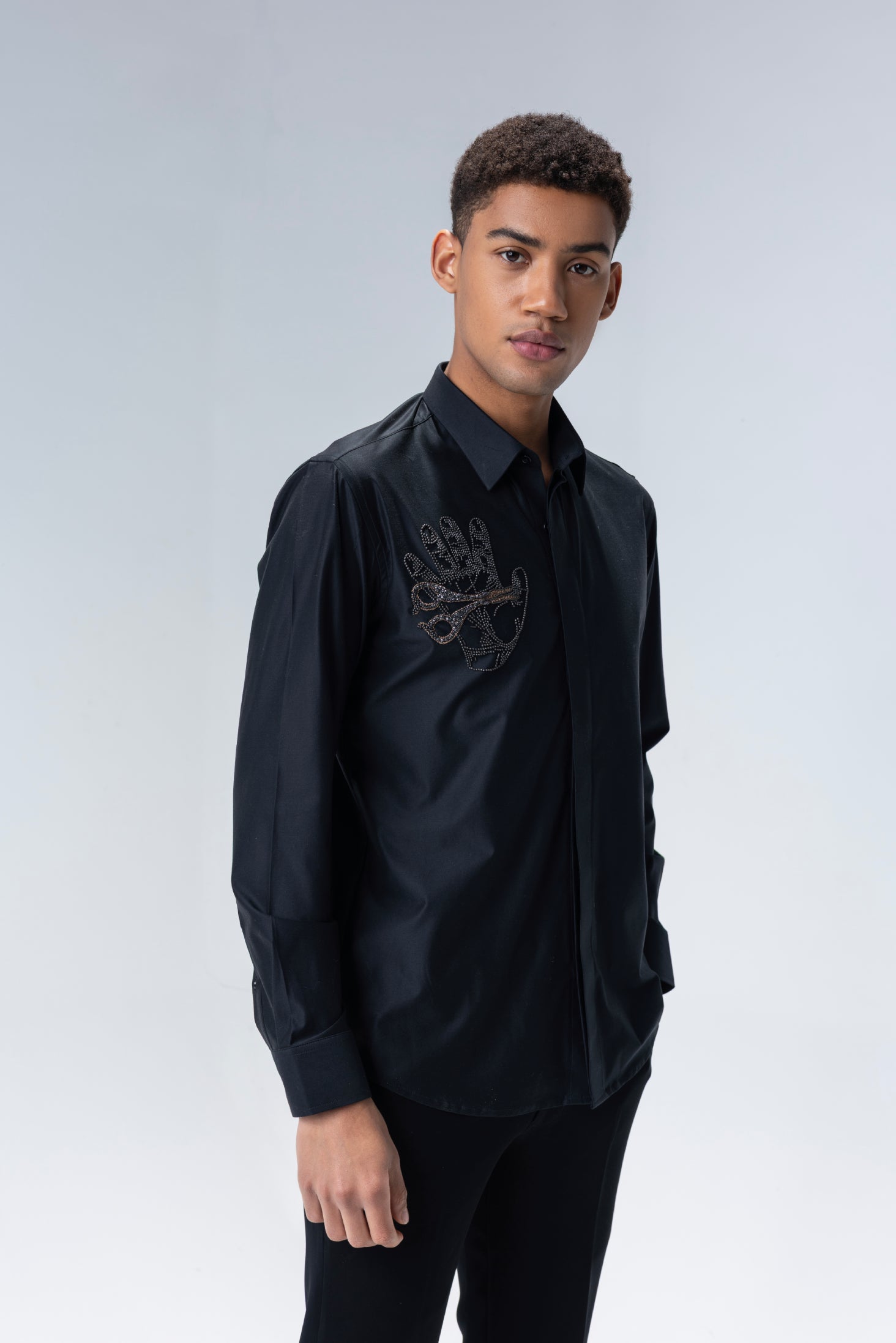 Black full sleeved shirt with hand-embroidered Scissor motif