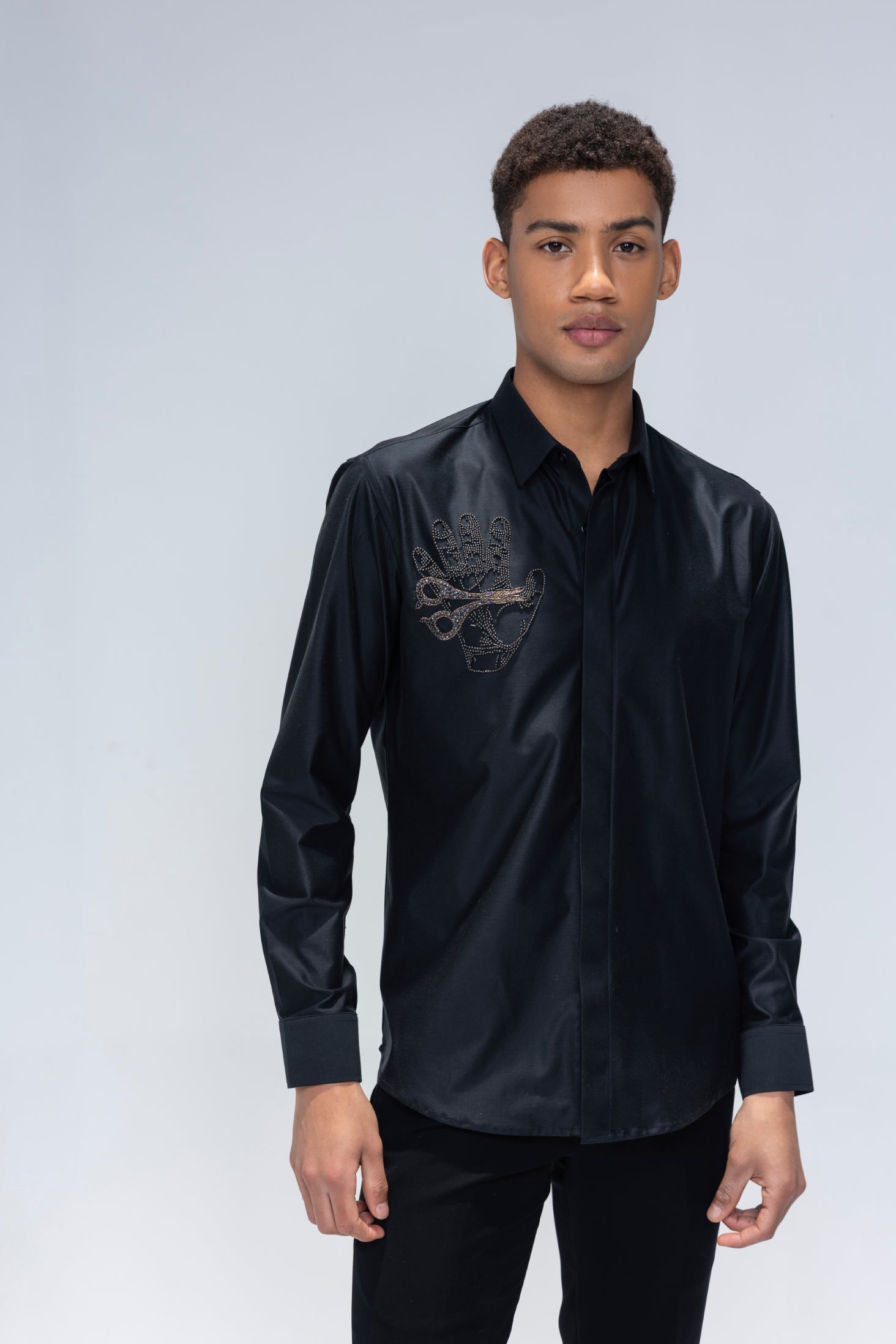 Black full sleeved shirt with hand-embroidered Scissor motif