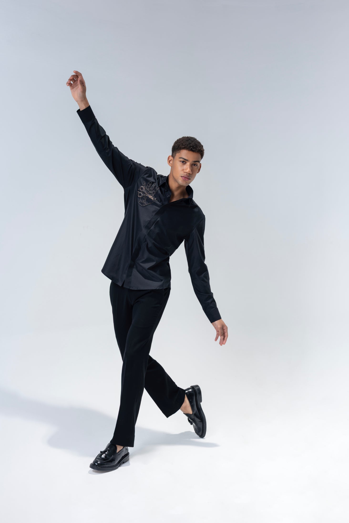 Black full sleeved shirt with hand-embroidered Scissor motif