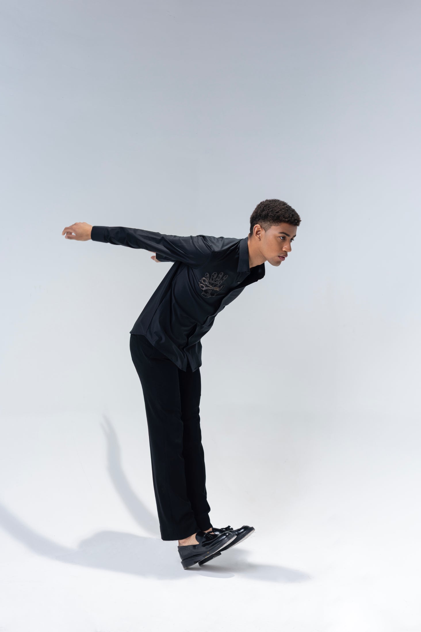 Black full sleeved shirt with hand-embroidered Scissor motif