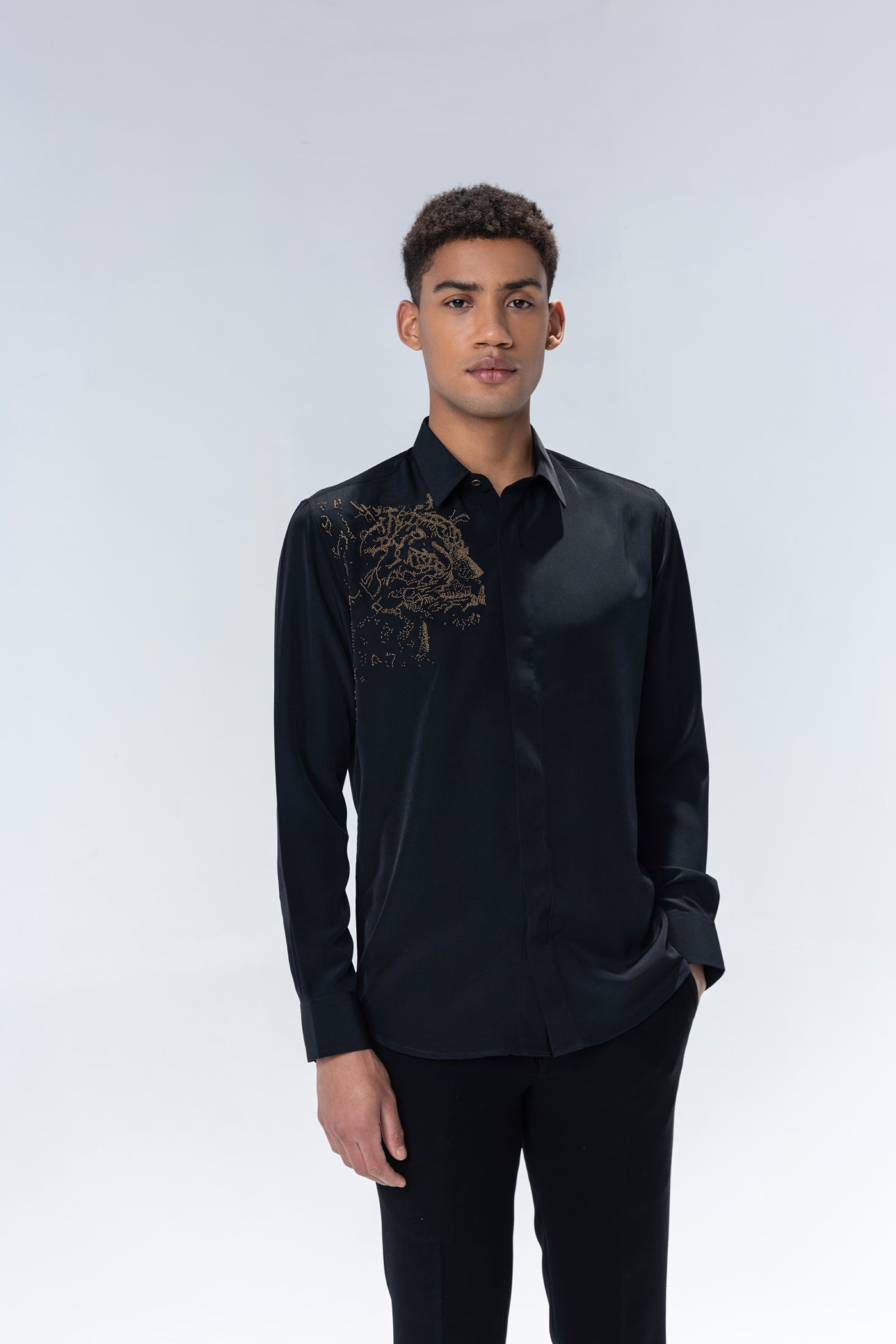 Black full sleeved shirt with hand embroidered Lion motif in gold