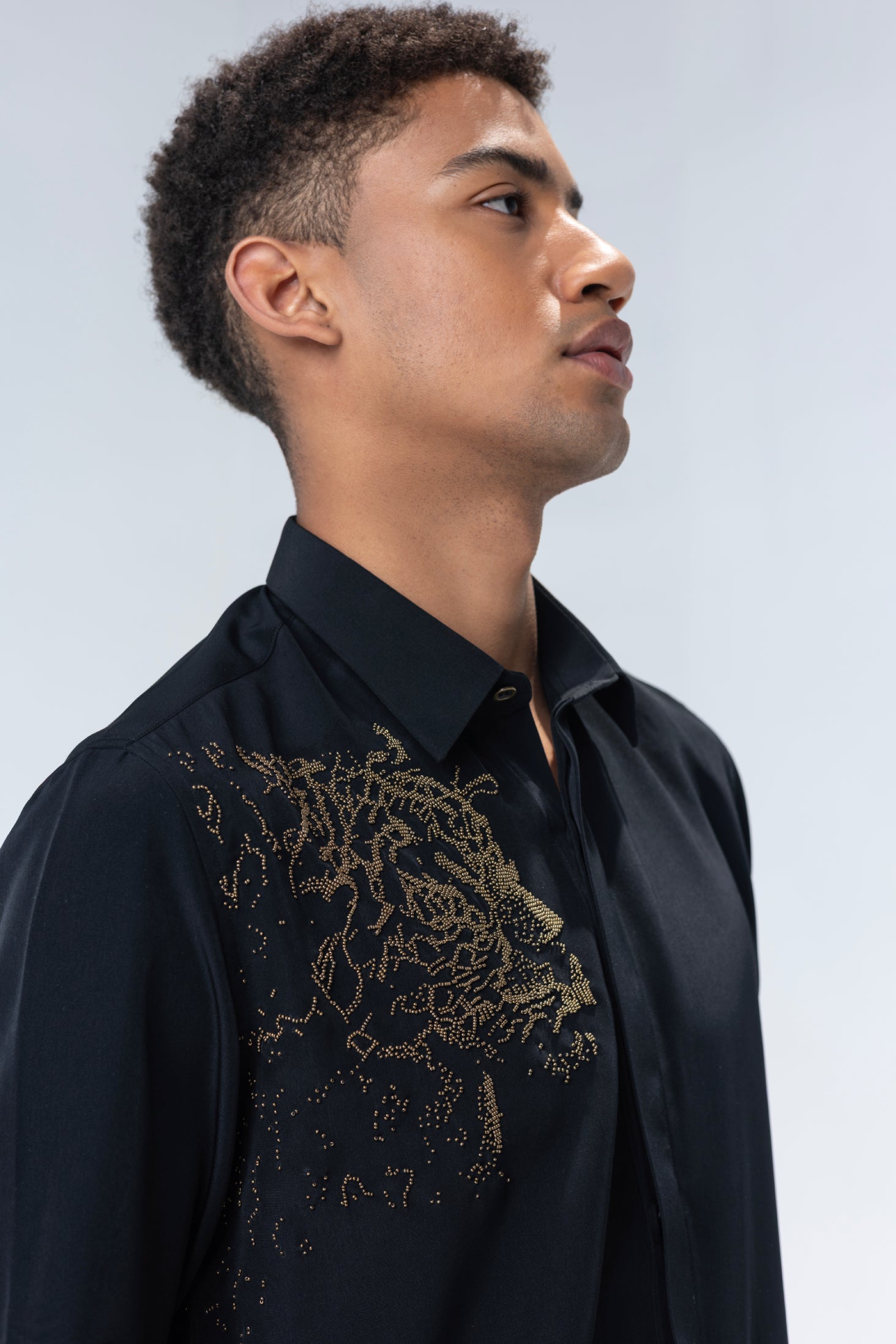 Black full sleeved shirt with hand embroidered Lion motif in gold