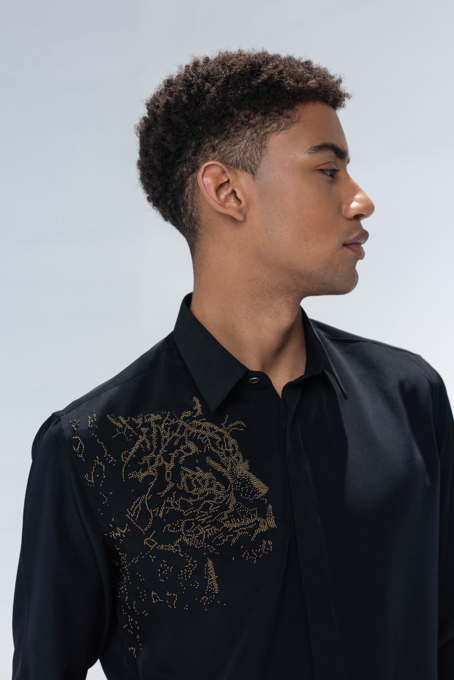 Black full sleeved shirt with hand embroidered Lion motif in gold