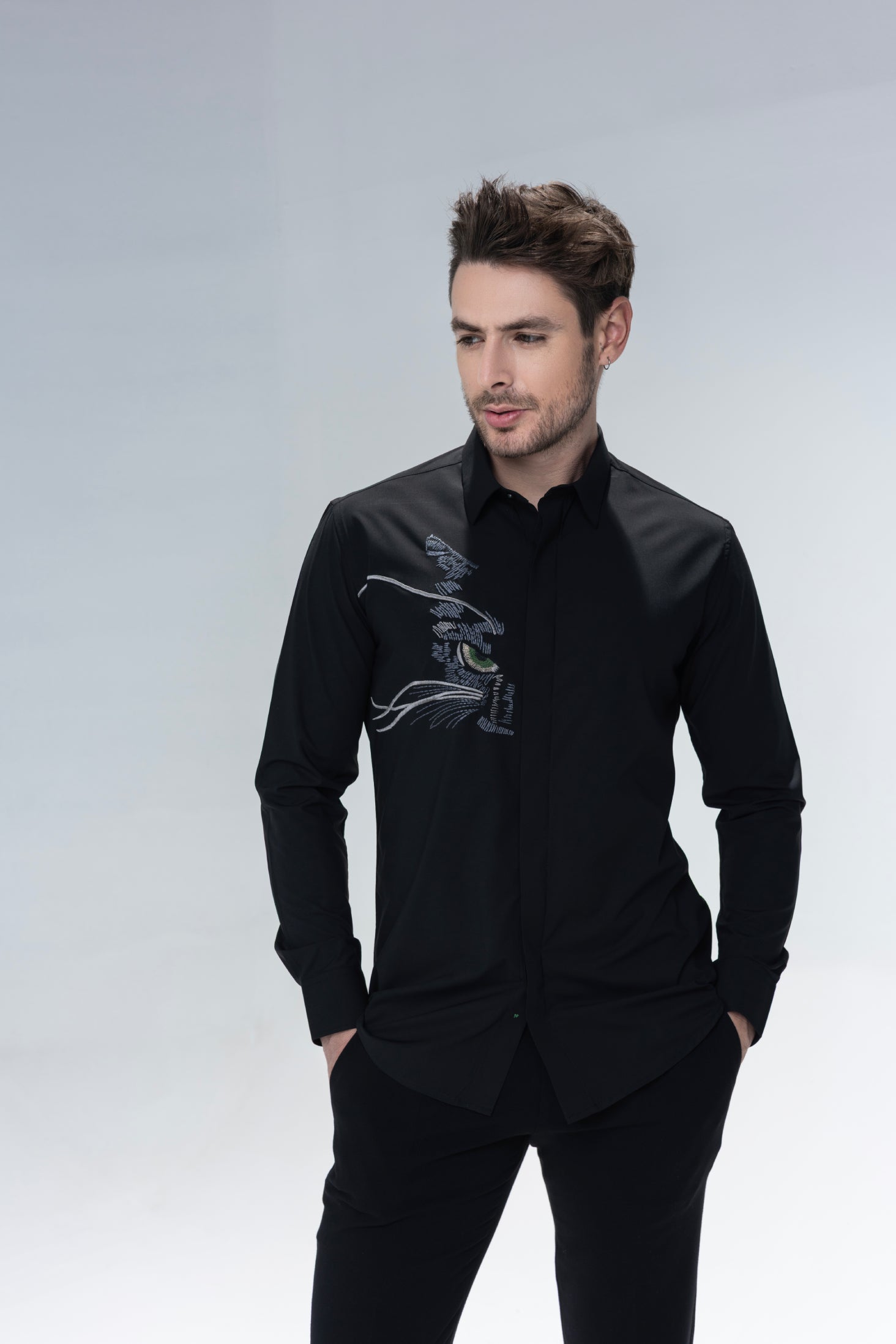 Black full sleeved shirt with embroidered Cat motifs