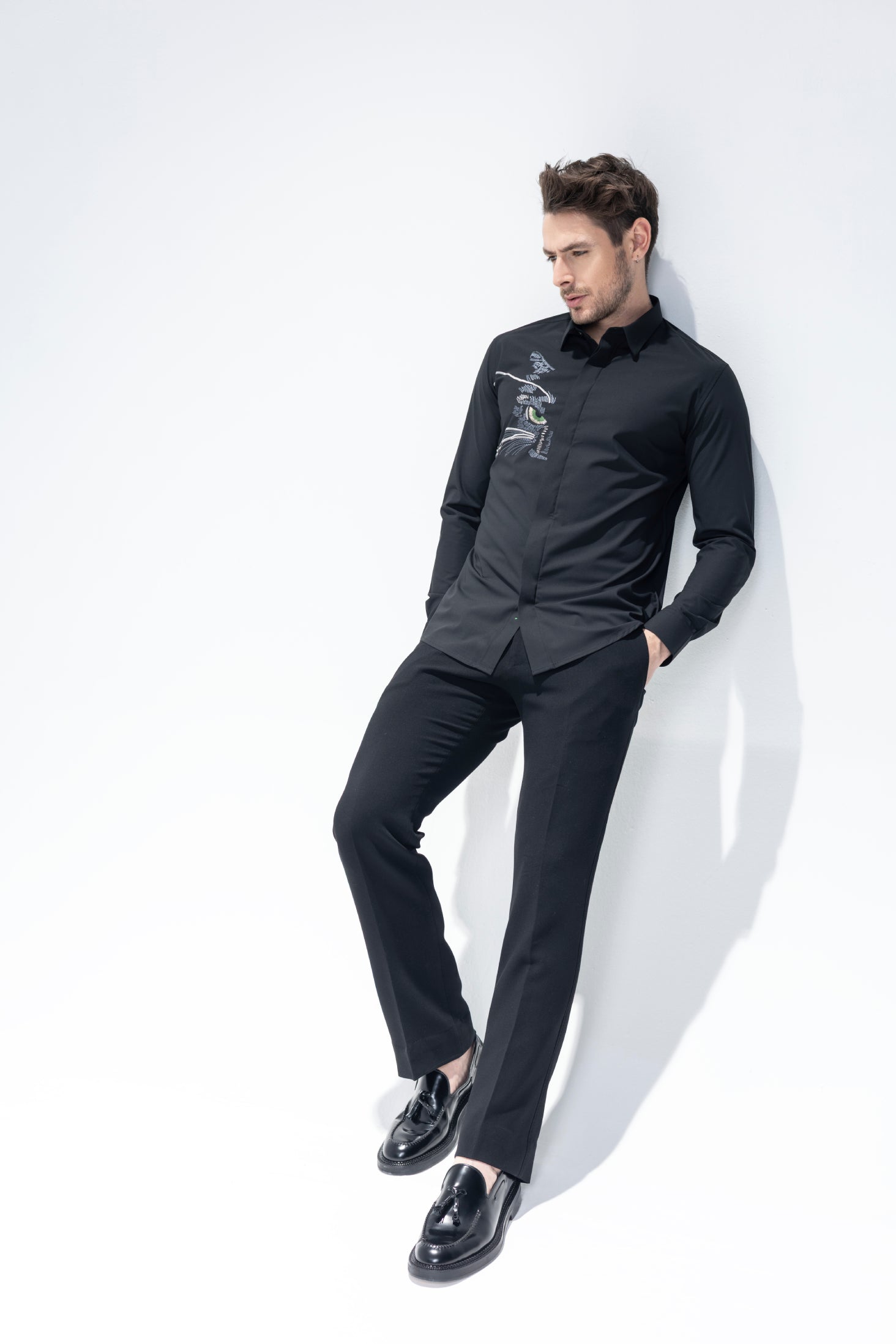 Black full sleeved shirt with embroidered Cat motifs