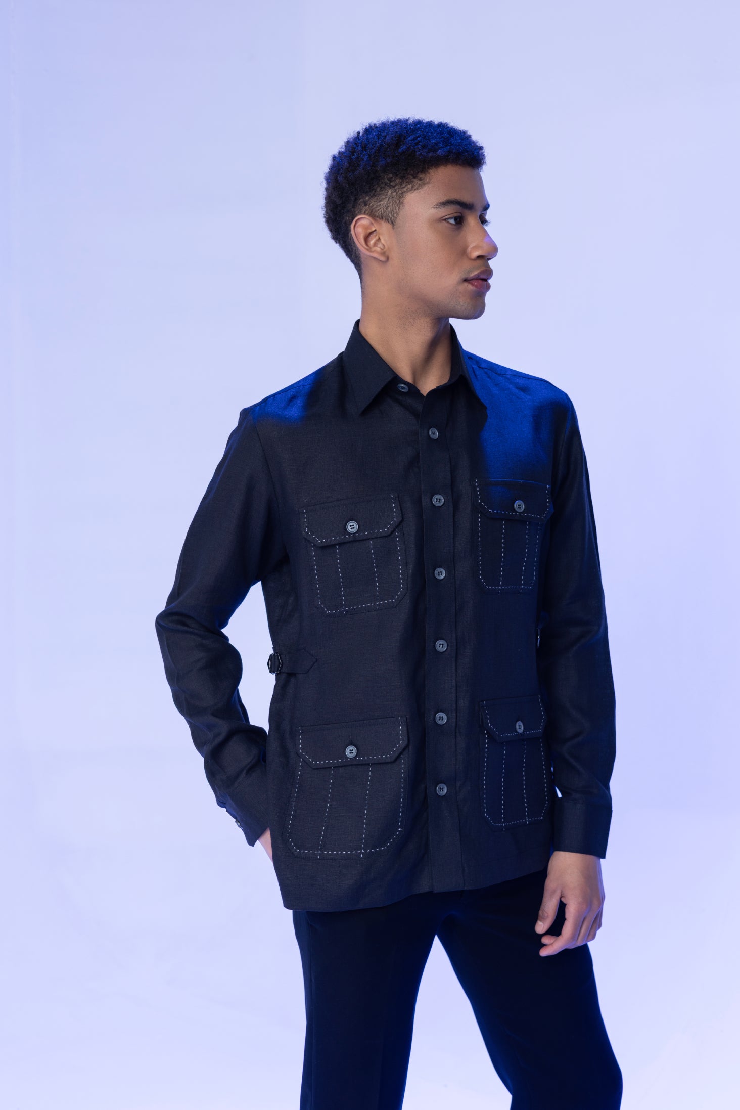 Black linen shirt with 4 patch pockets and buckle