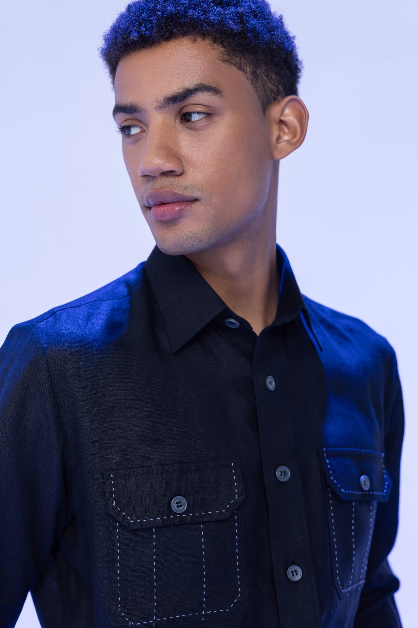 Black linen shirt with 4 patch pockets and buckle