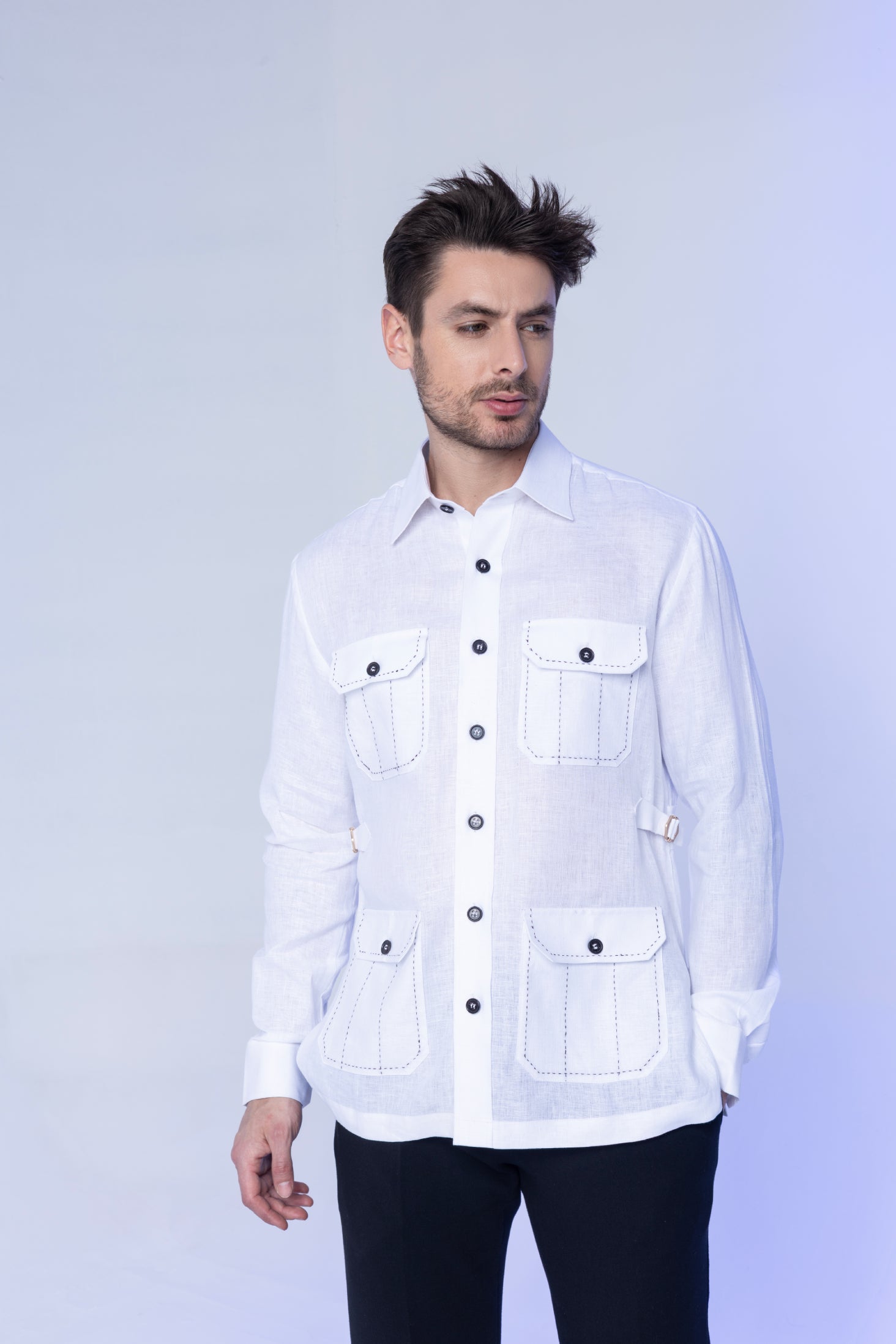 White full sleeved linen shirt with 4 patch pockets and buckle detailing on sides