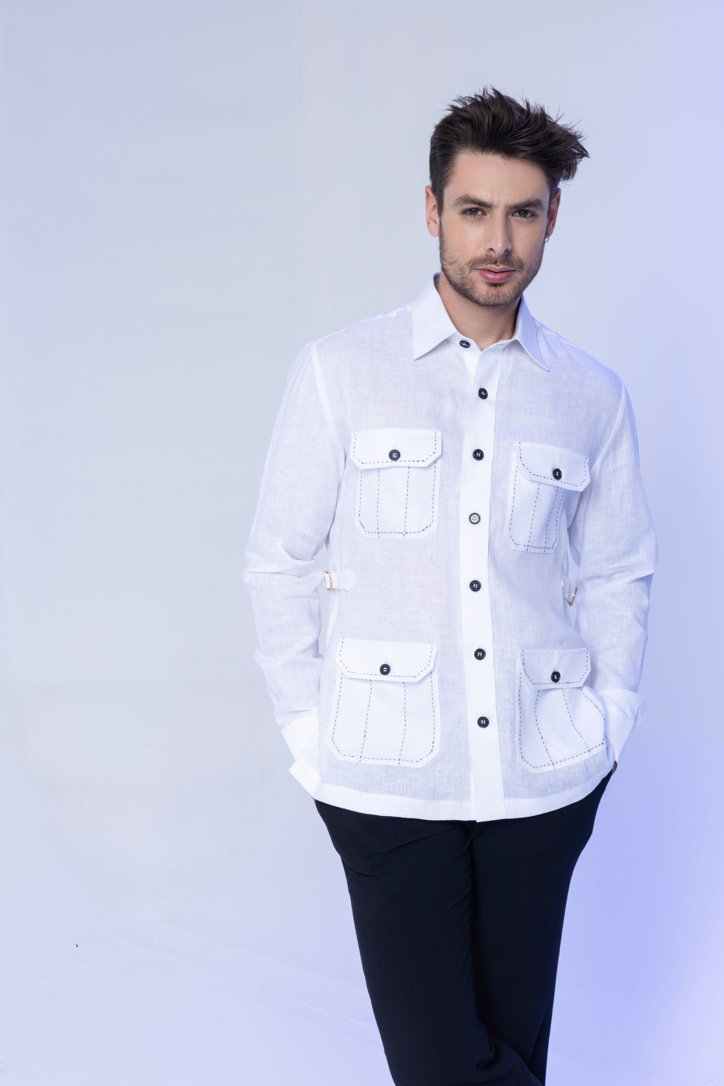 White full sleeved linen shirt with 4 patch pockets and buckle detailing on sides