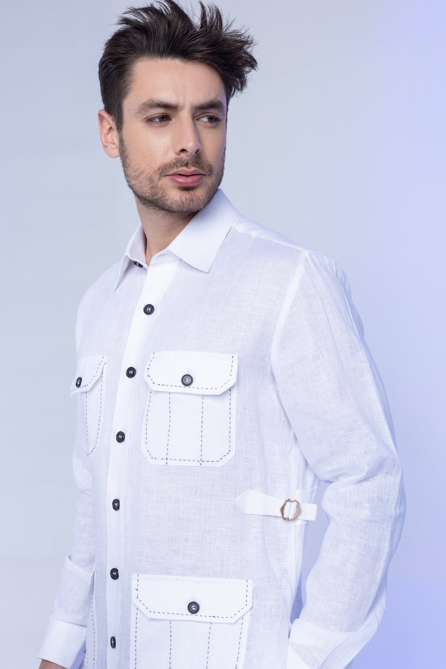 White full sleeved linen shirt with 4 patch pockets and buckle detailing on sides