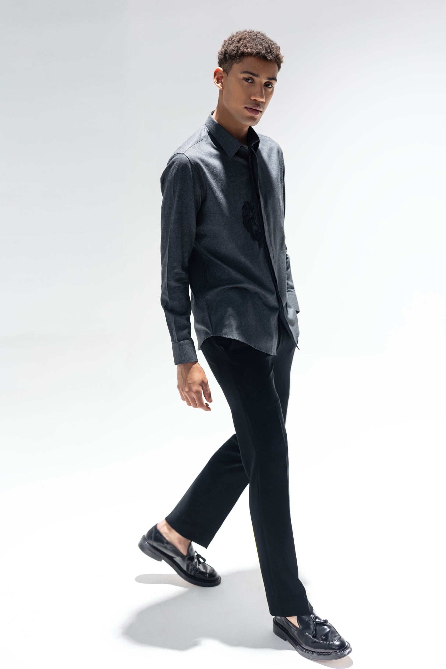 Dark grey full sleeved shirt with hand embroidered Lion motif in black