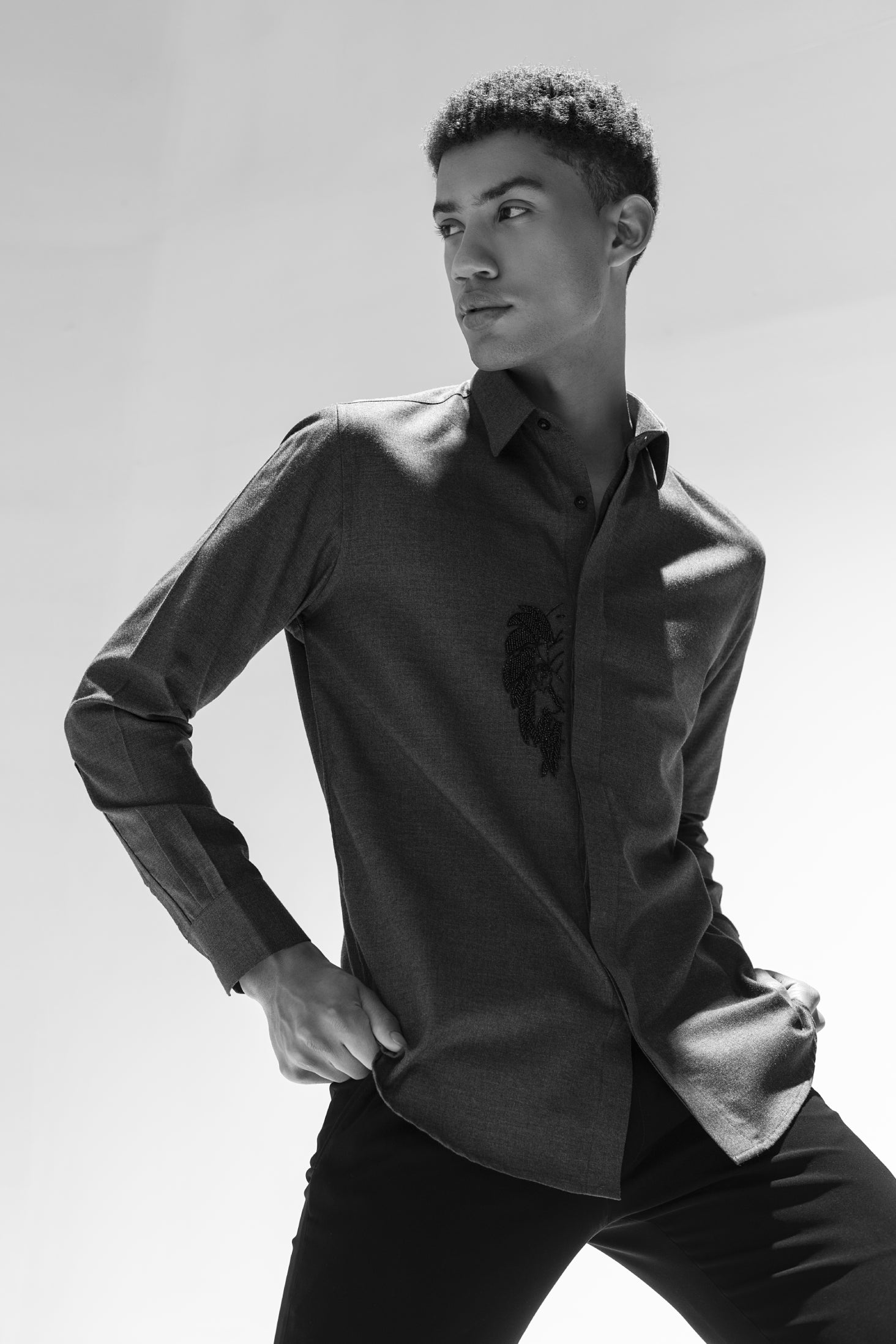 Dark grey full sleeved shirt with hand embroidered Lion motif in black