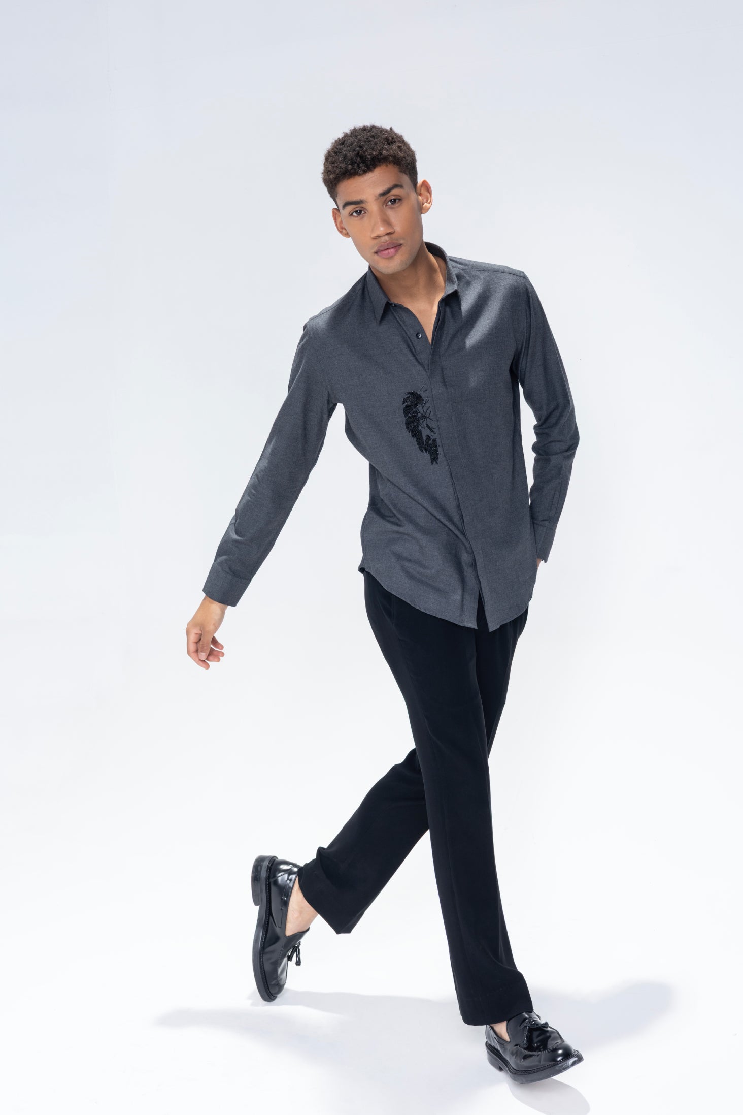 Dark grey full sleeved shirt with hand embroidered Lion motif in black