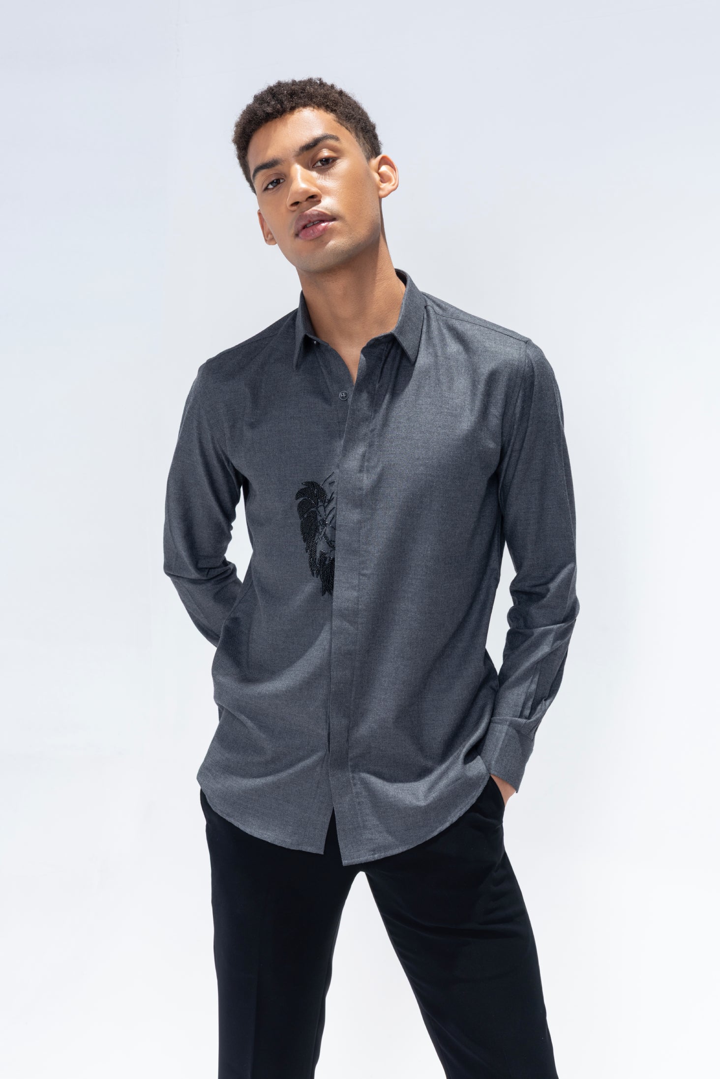 Dark grey full sleeved shirt with hand embroidered Lion motif in black