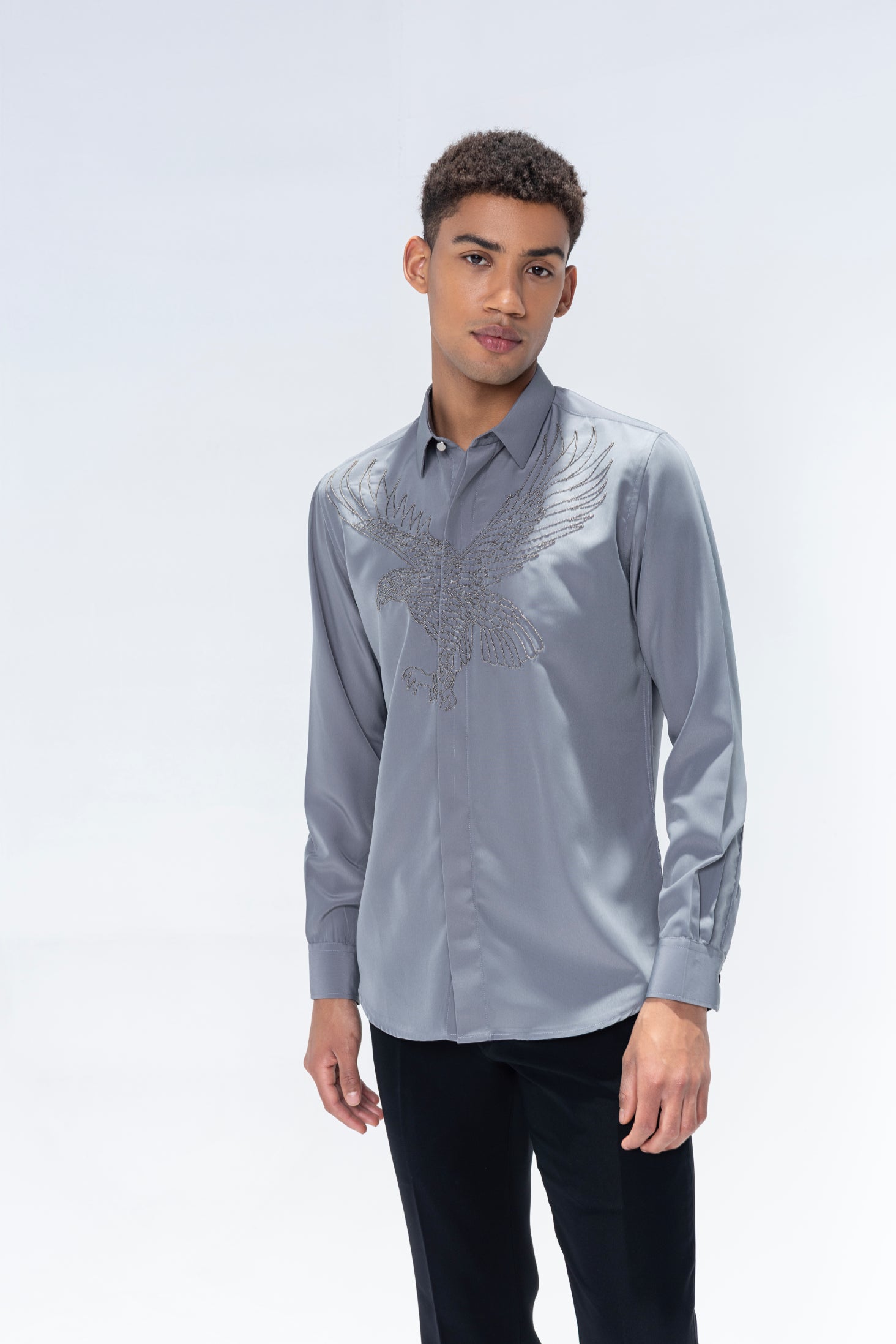 Grey full sleeved shirt with hand-embroiderd Bird motif