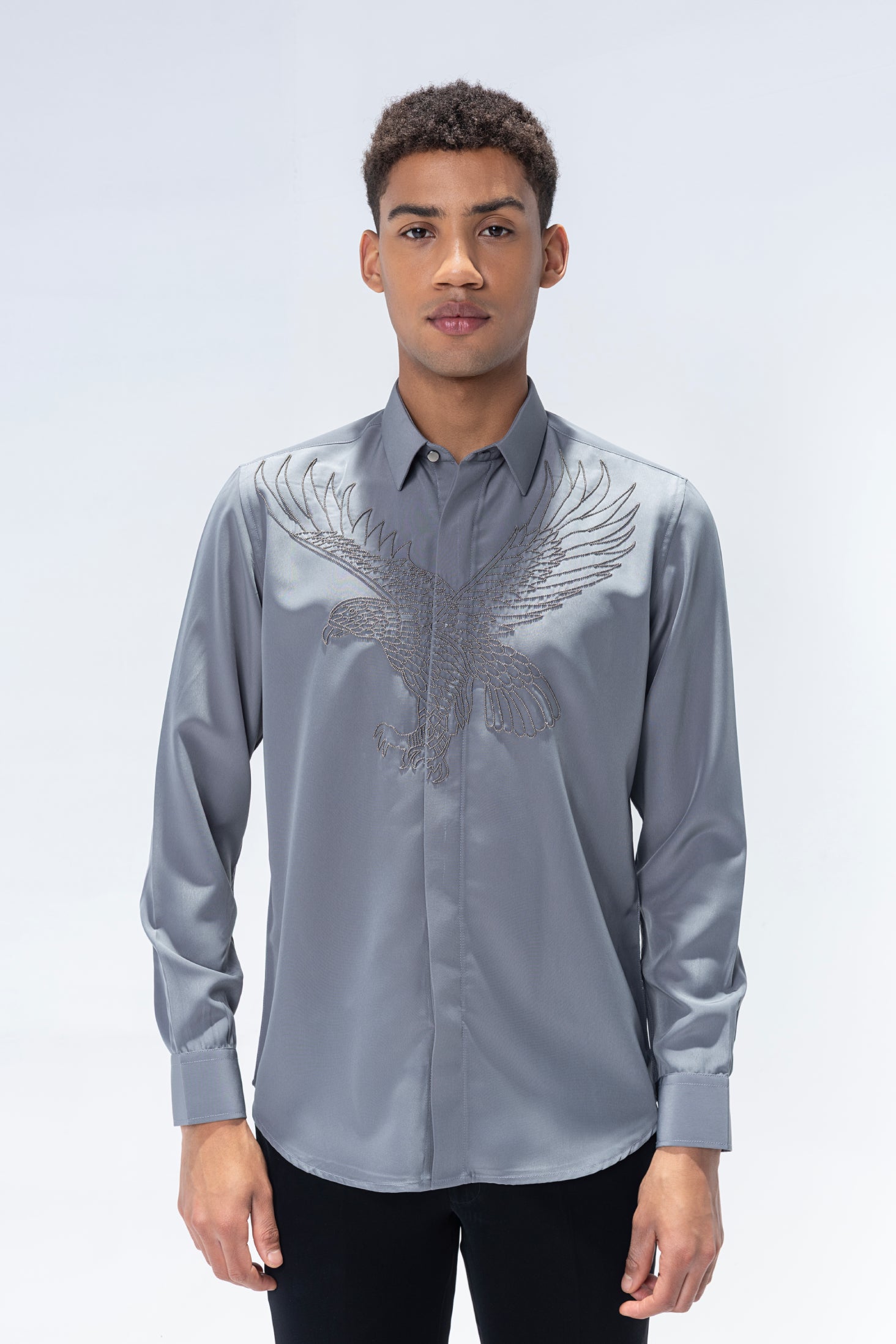 Grey full sleeved shirt with hand-embroiderd Bird motif