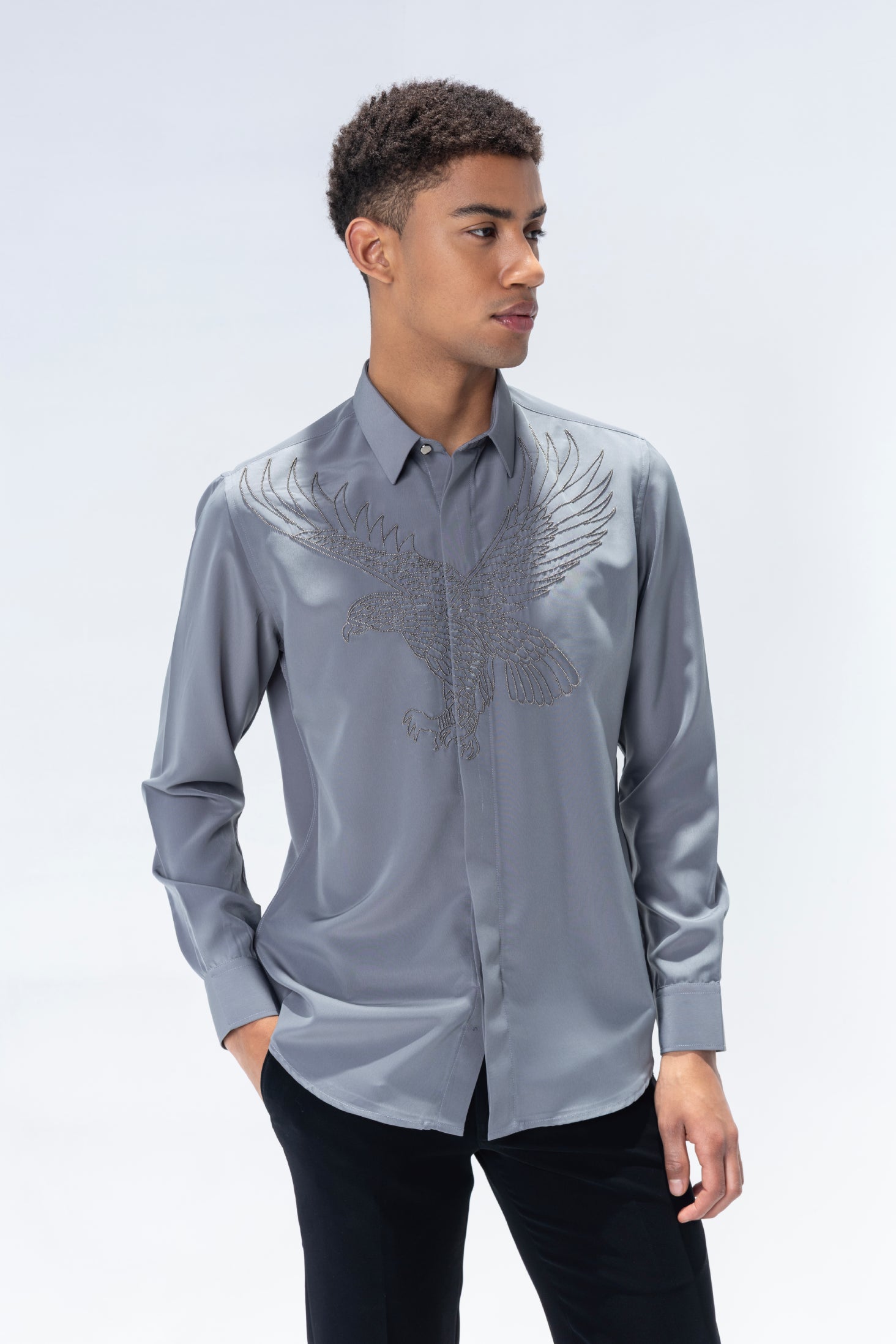 Grey full sleeved shirt with hand-embroiderd Bird motif
