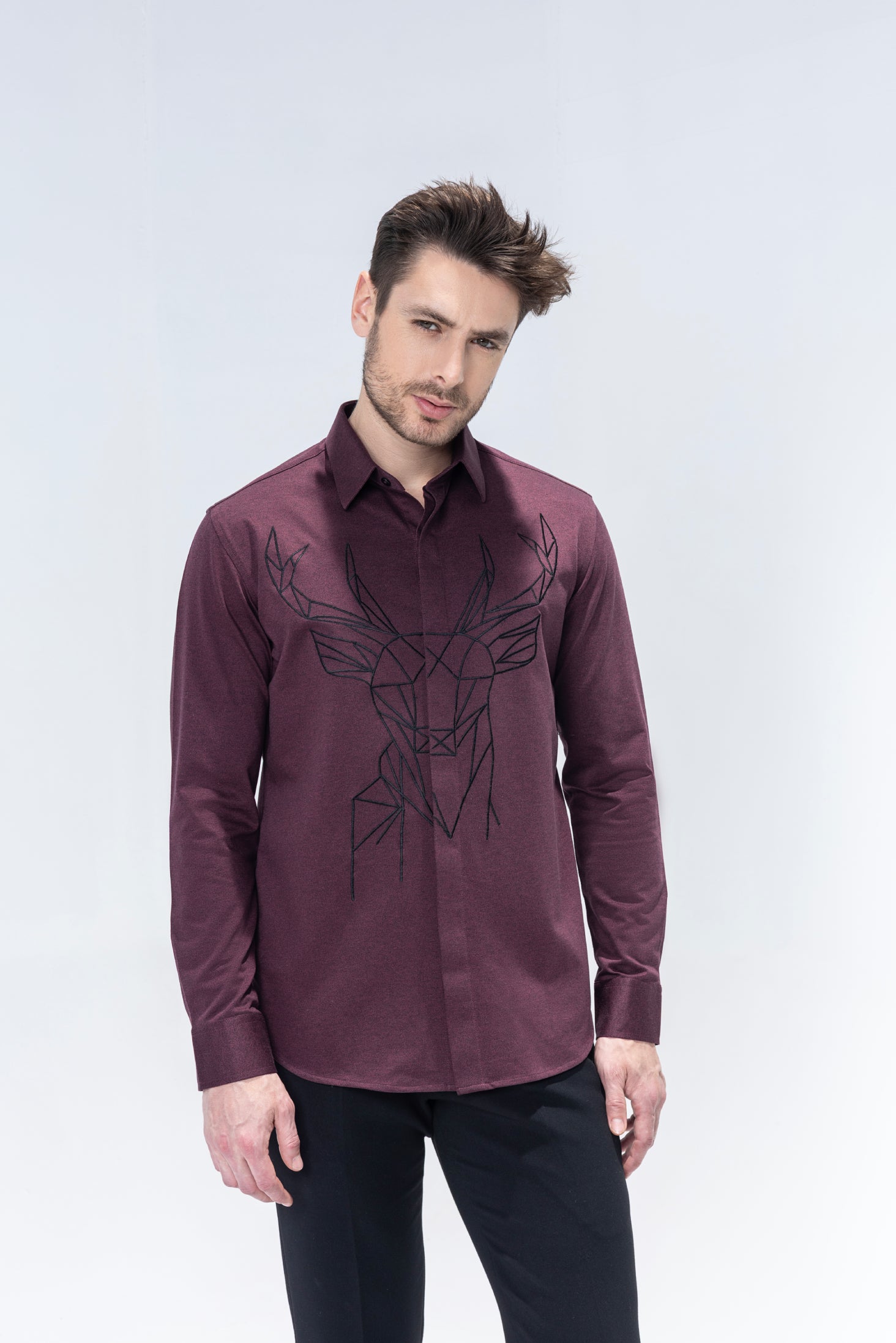 Maroon shirt with embroidered Reindeer