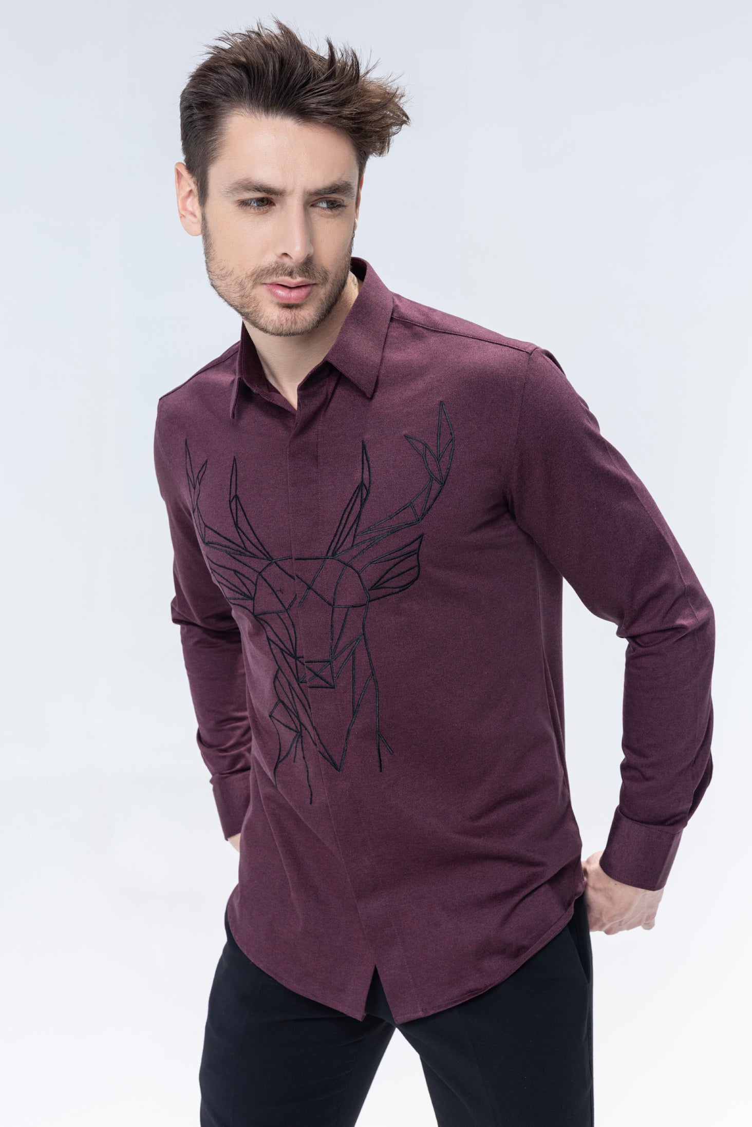 Maroon shirt with embroidered Reindeer