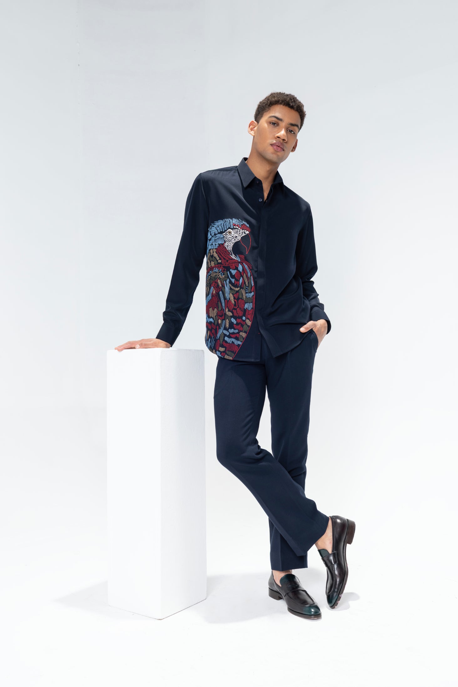 Navy Blue full sleeved shirt with embroidered multi-color Bird motif
