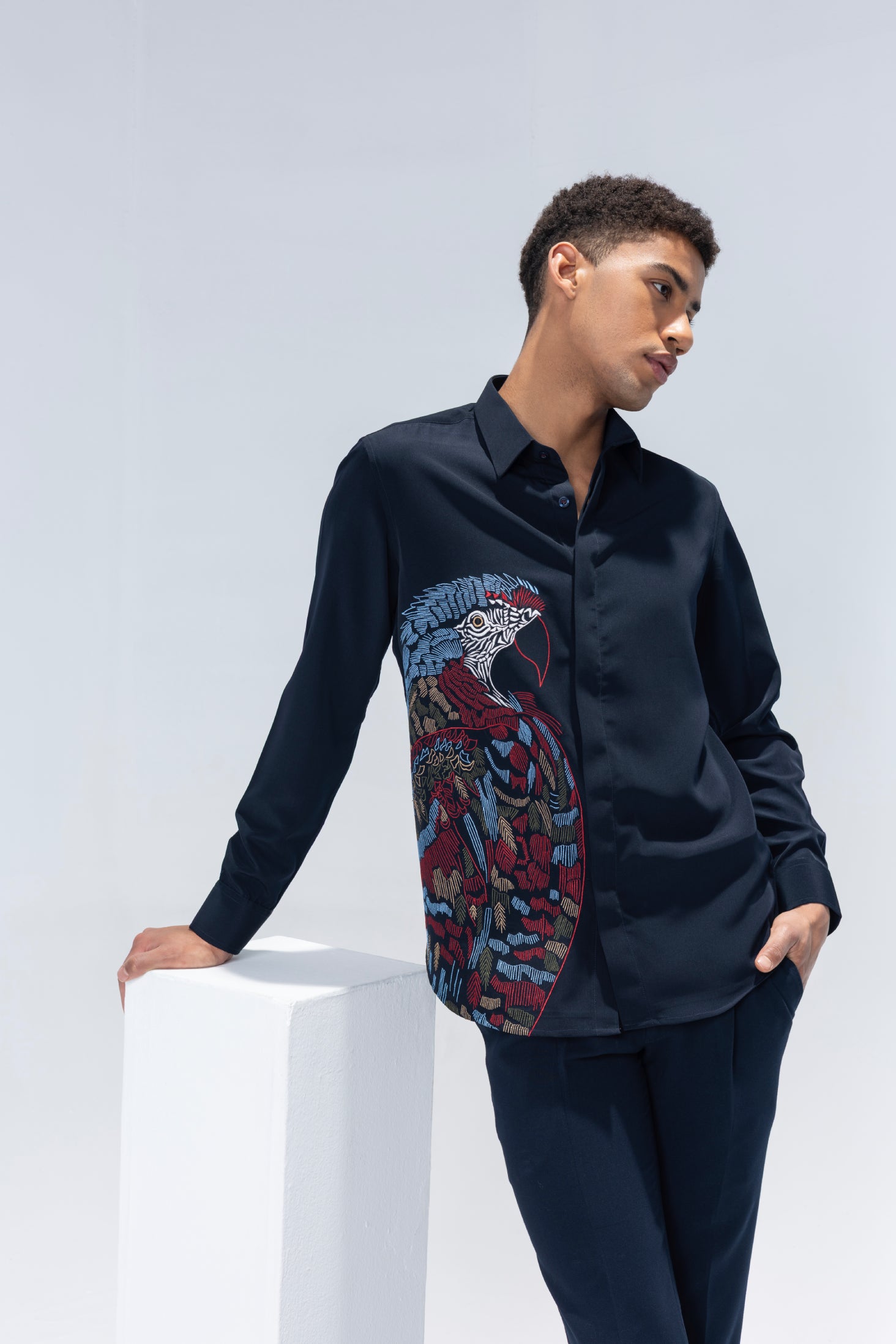 Navy Blue full sleeved shirt with embroidered multi-color Bird motif