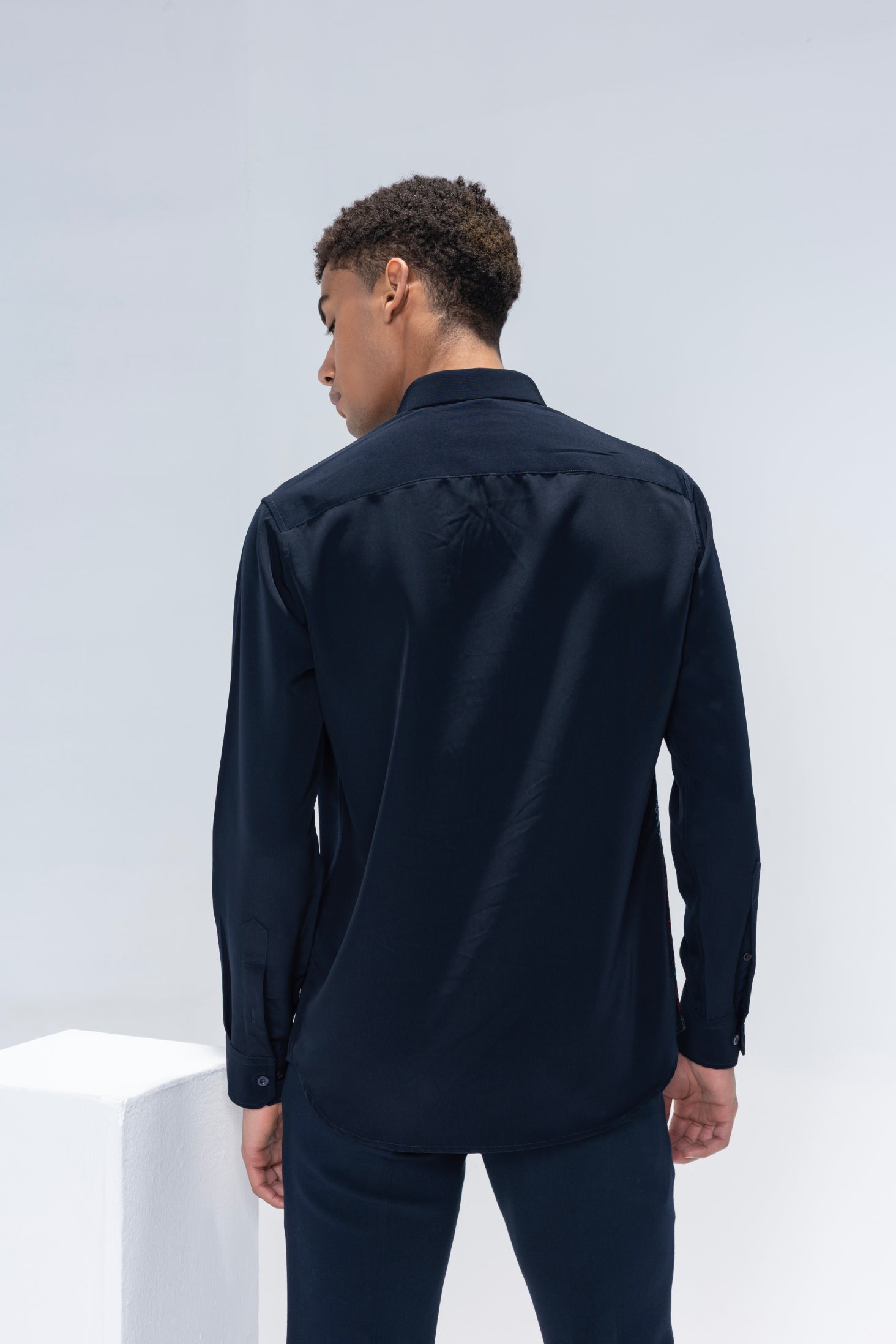 Navy Blue full sleeved shirt with embroidered multi-color Bird motif