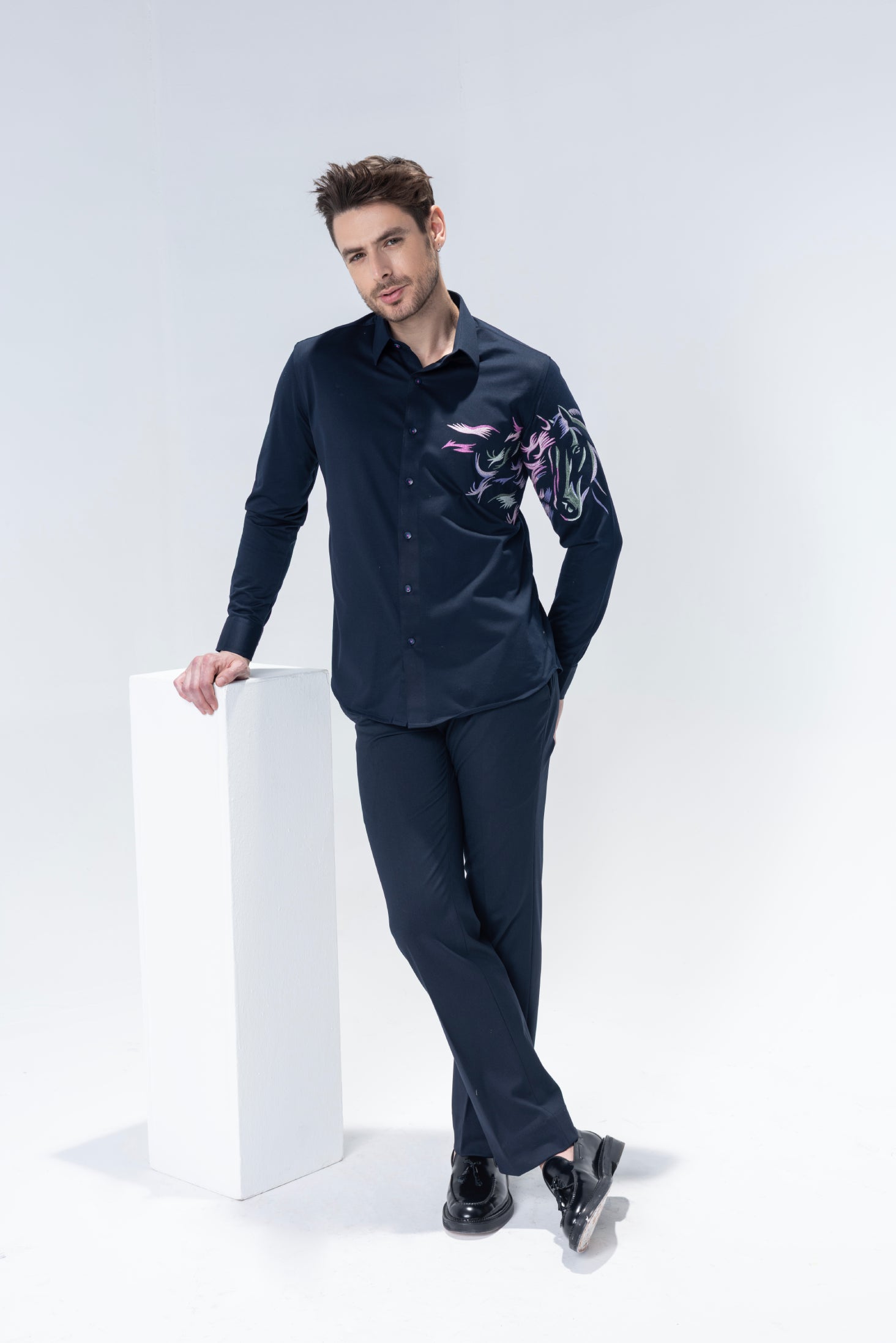 Navy Blue full sleeved shirt with embroidered multi-colour Horse motif