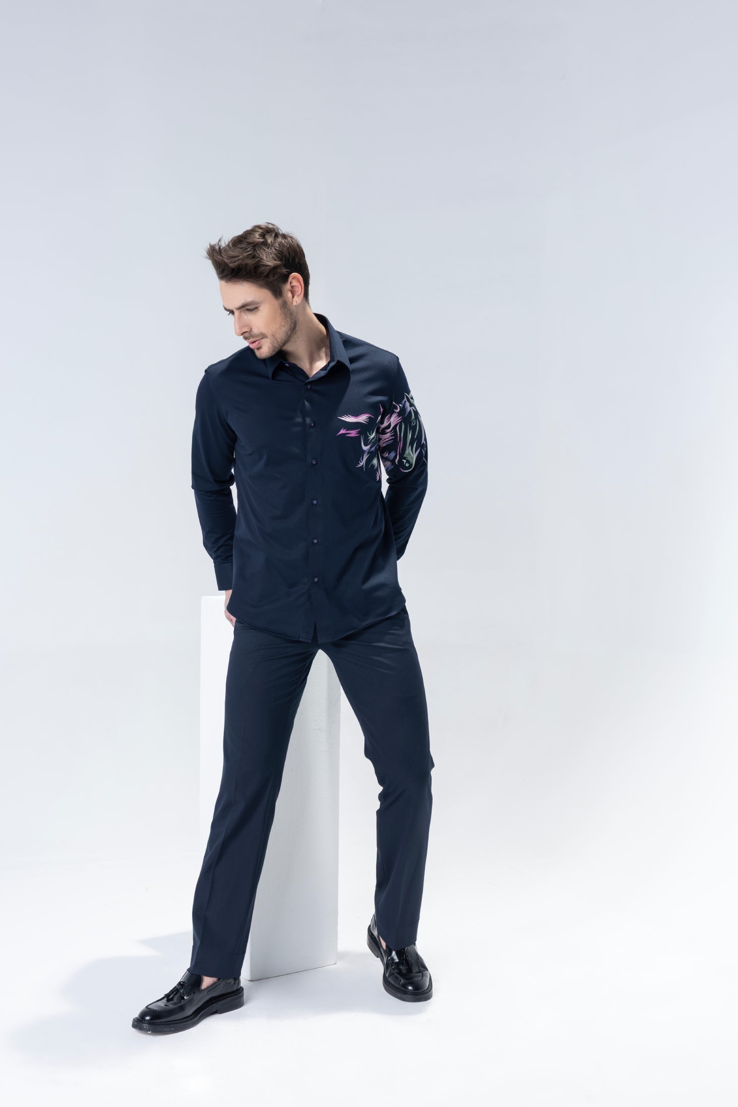 Navy Blue full sleeved shirt with embroidered multi-colour Horse motif