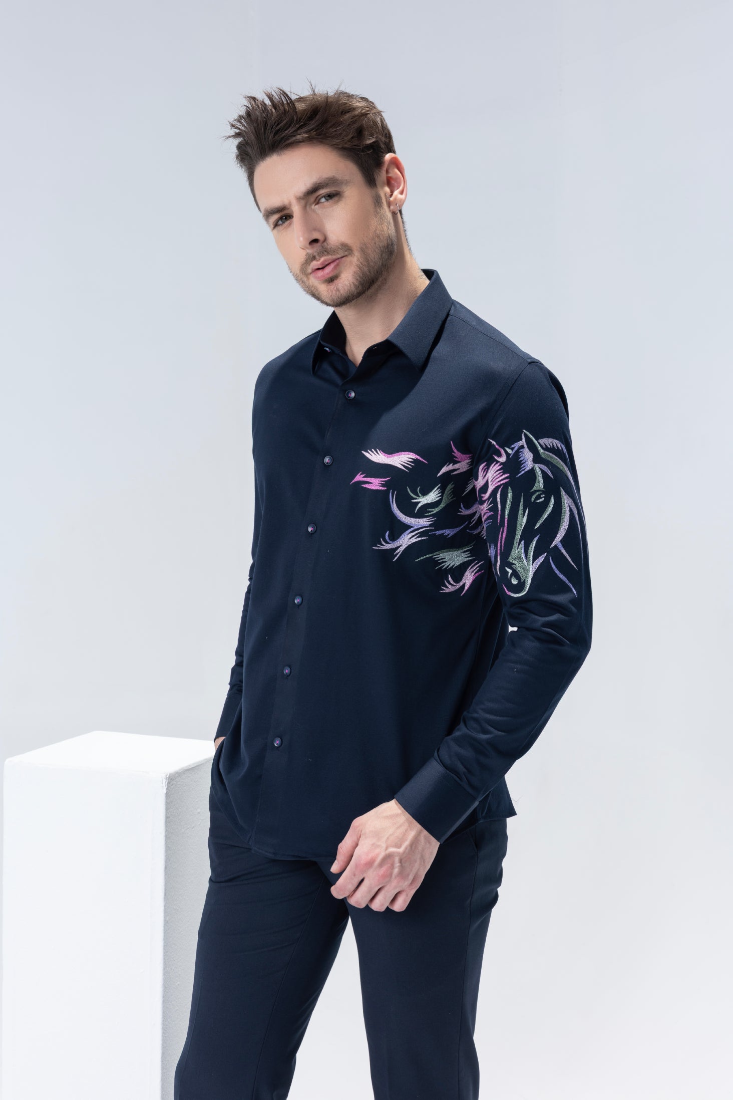 Navy Blue full sleeved shirt with embroidered multi-colour Horse motif