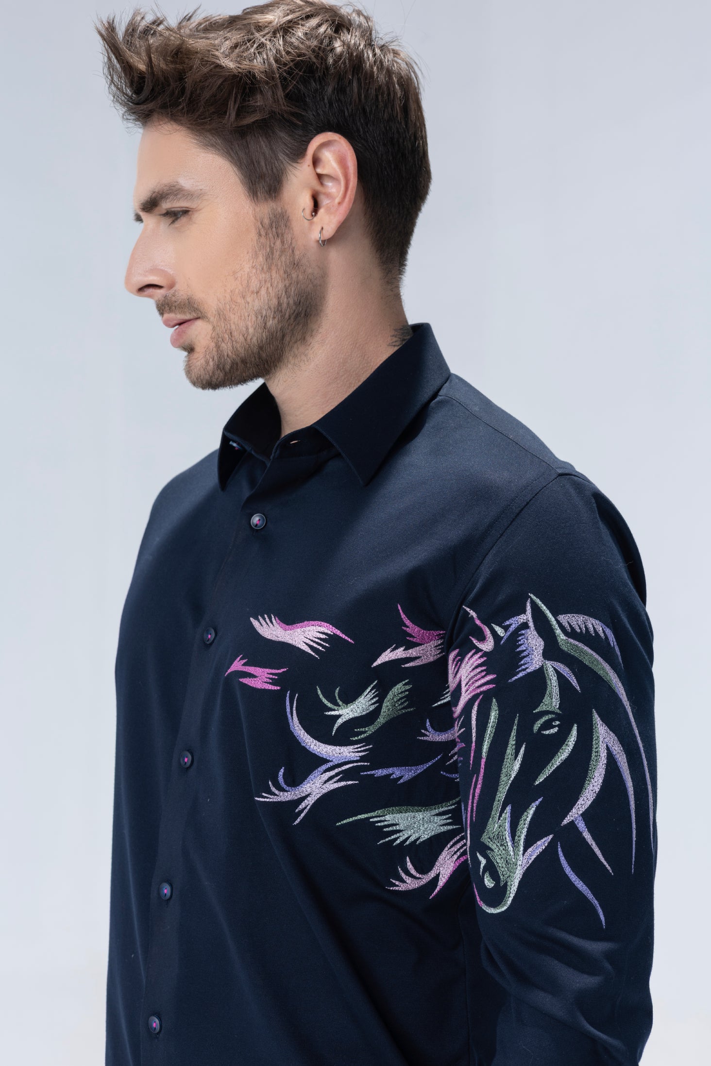 Navy Blue full sleeved shirt with embroidered multi-colour Horse motif