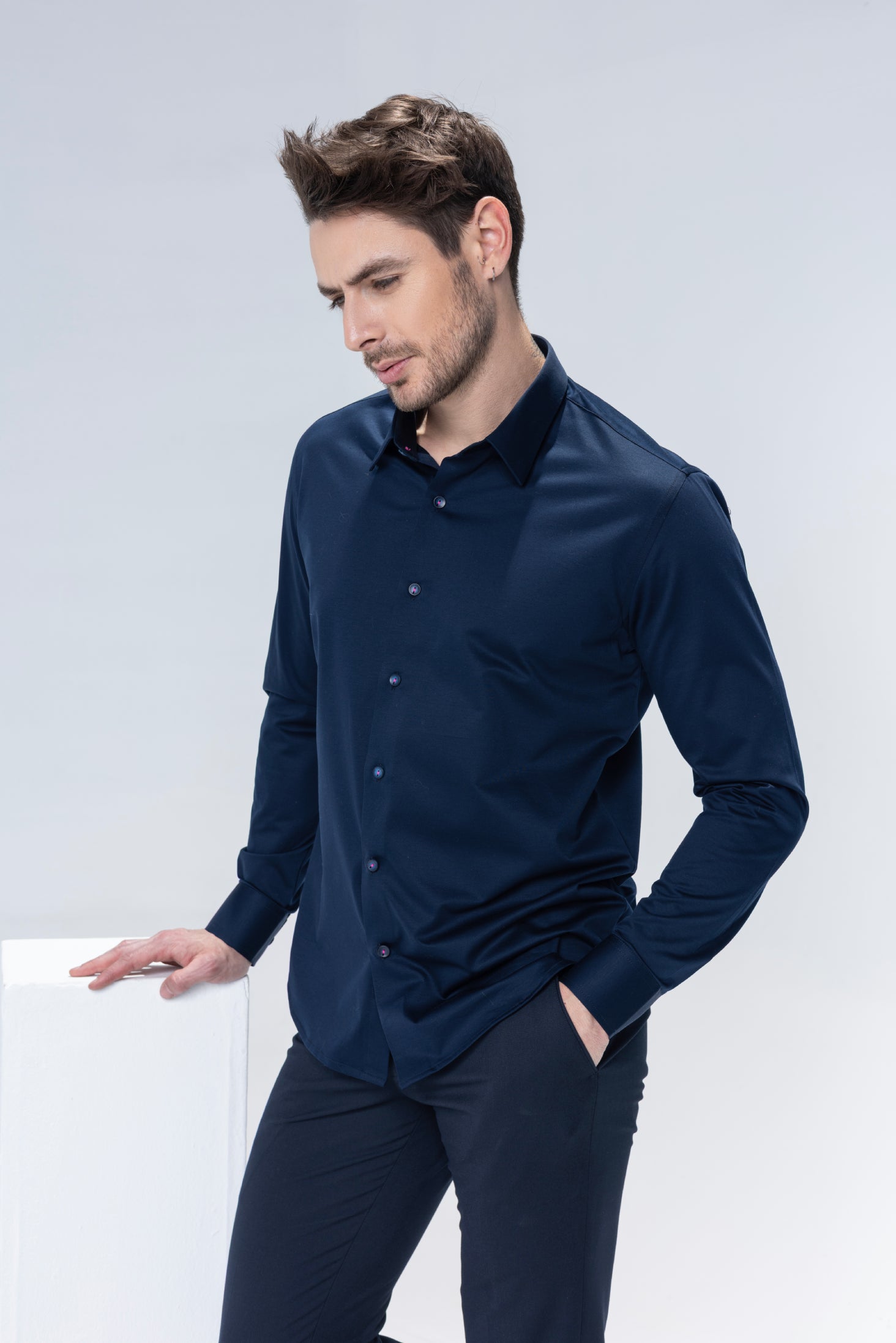 Navy Blue full sleeved shirt with embroidered multi-colour Horse motif