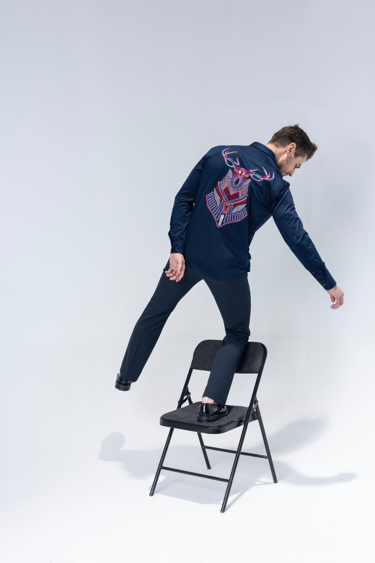 Navy Blue full sleeved shirt with embroidered multi-color Reindeer motif