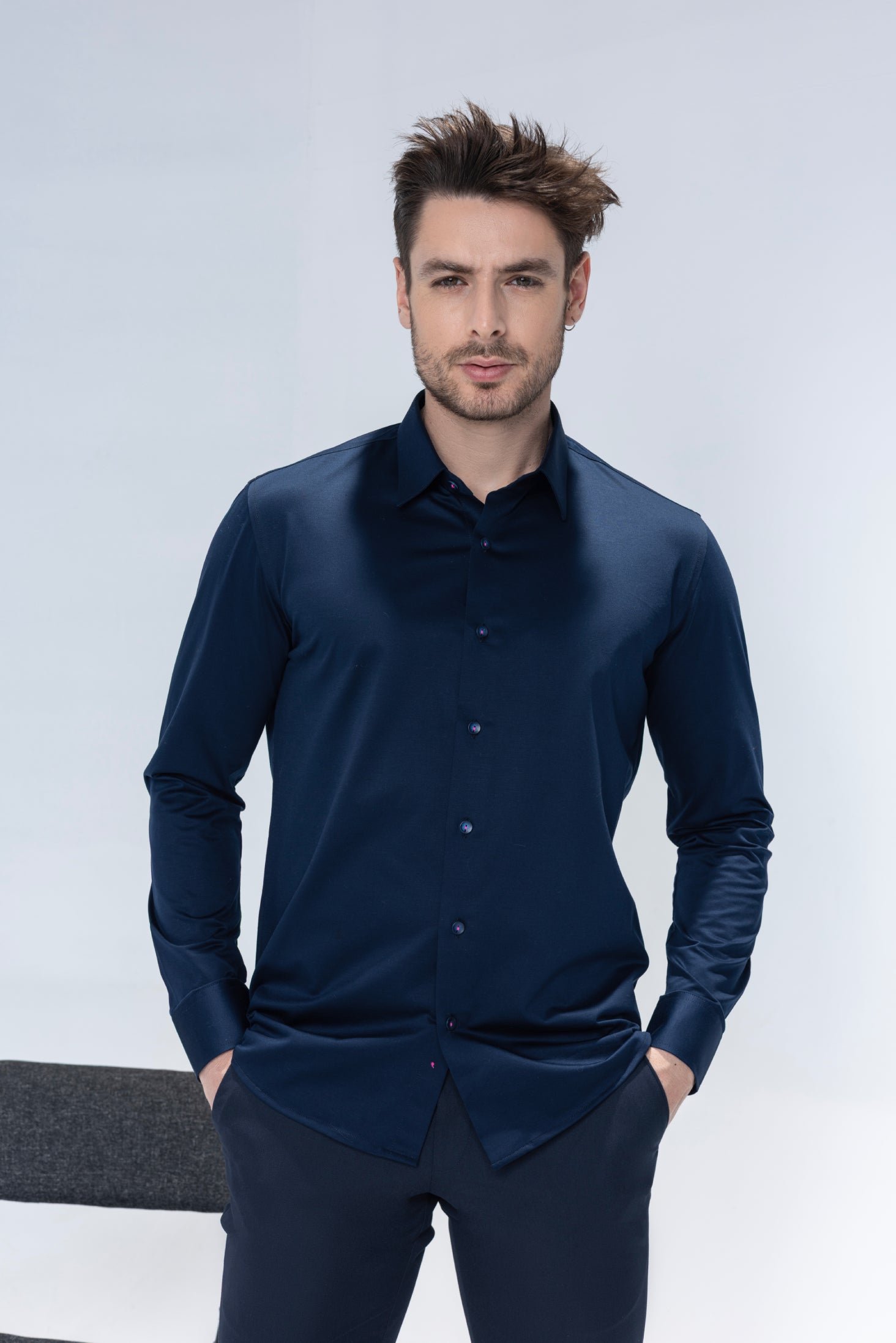 Navy Blue full sleeved shirt with embroidered multi-color Reindeer motif