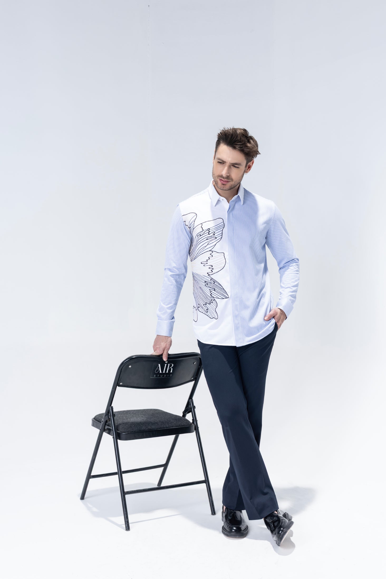 White and blue stripes full sleeved shirt with embroidered Flower motif