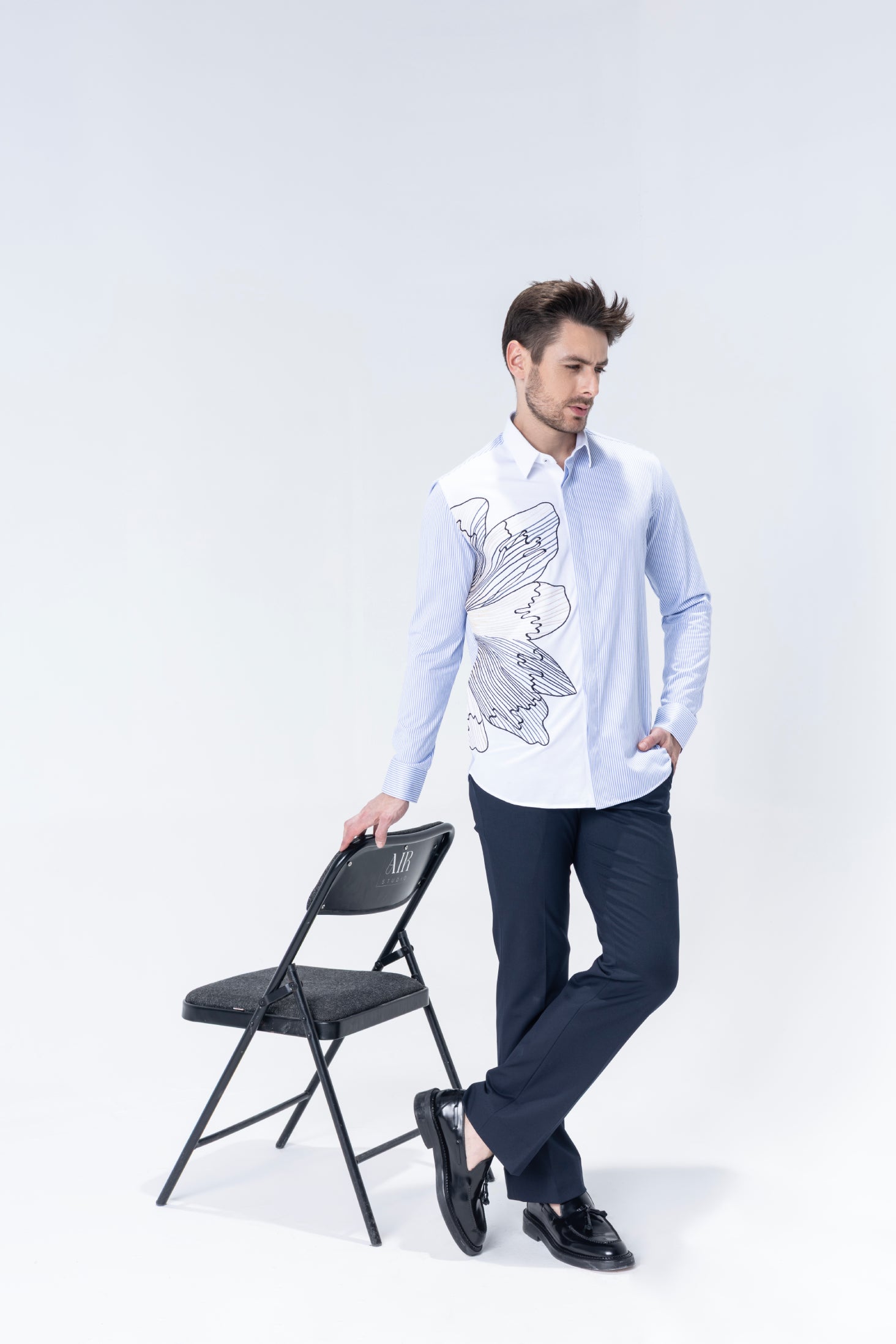 White and blue stripes full sleeved shirt with embroidered Flower motif