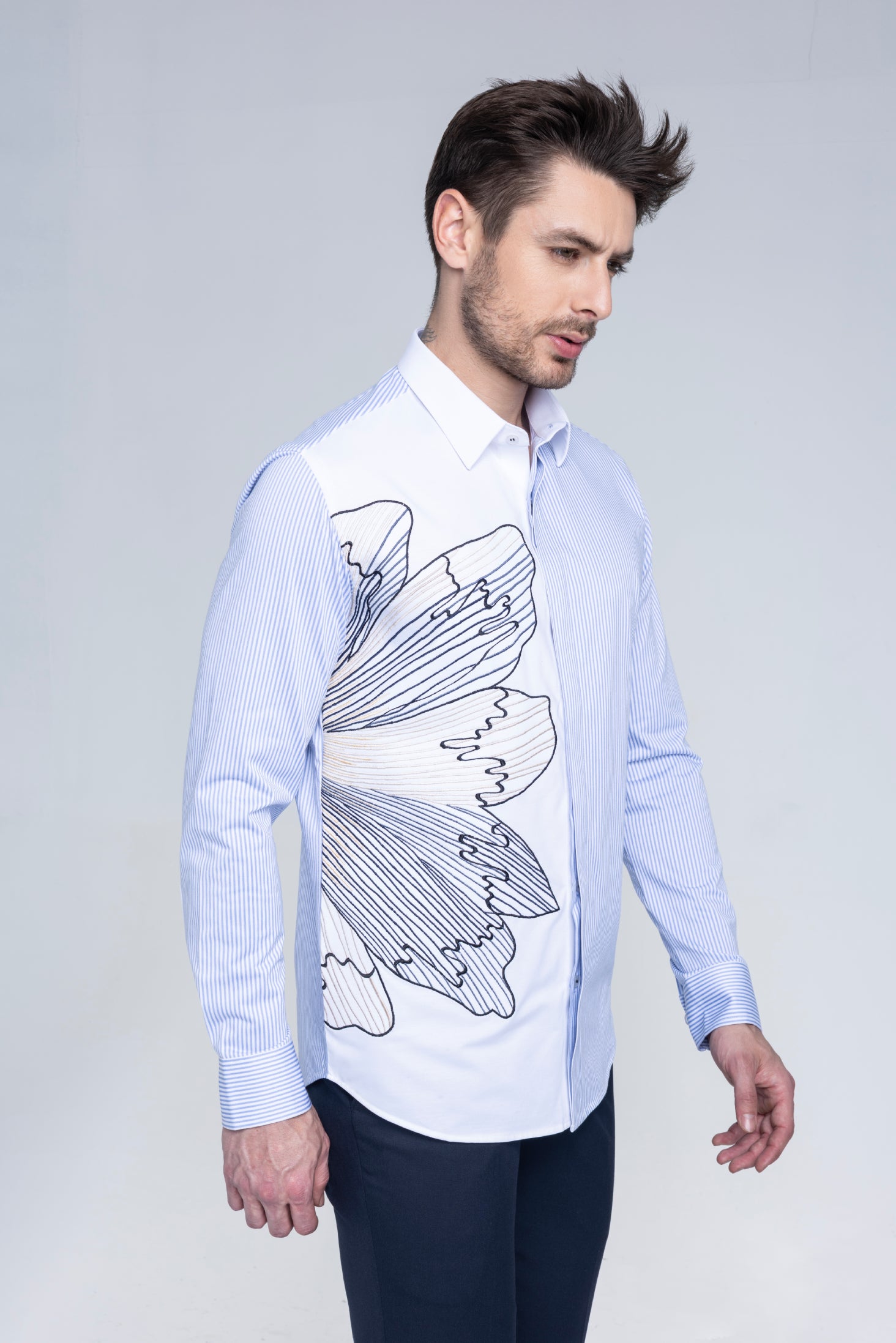 White and blue stripes full sleeved shirt with embroidered Flower motif