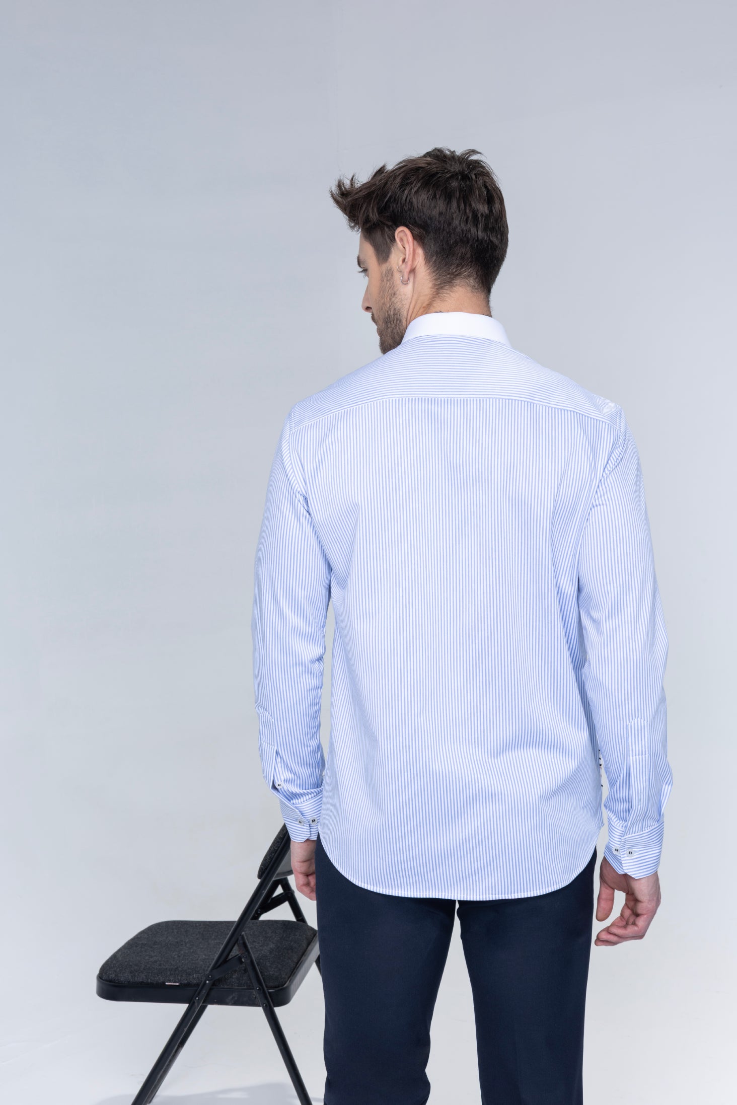 White and blue stripes full sleeved shirt with embroidered Flower motif