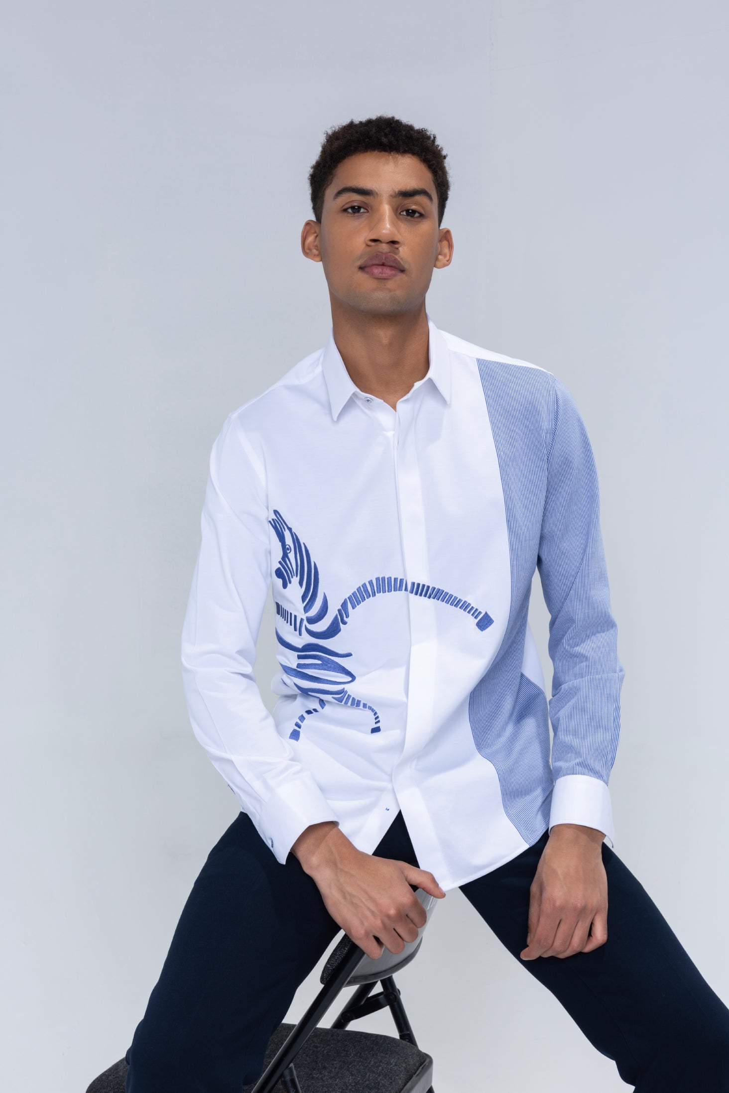White and blue stripes full sleeved shirt with embroidered Zebra motif