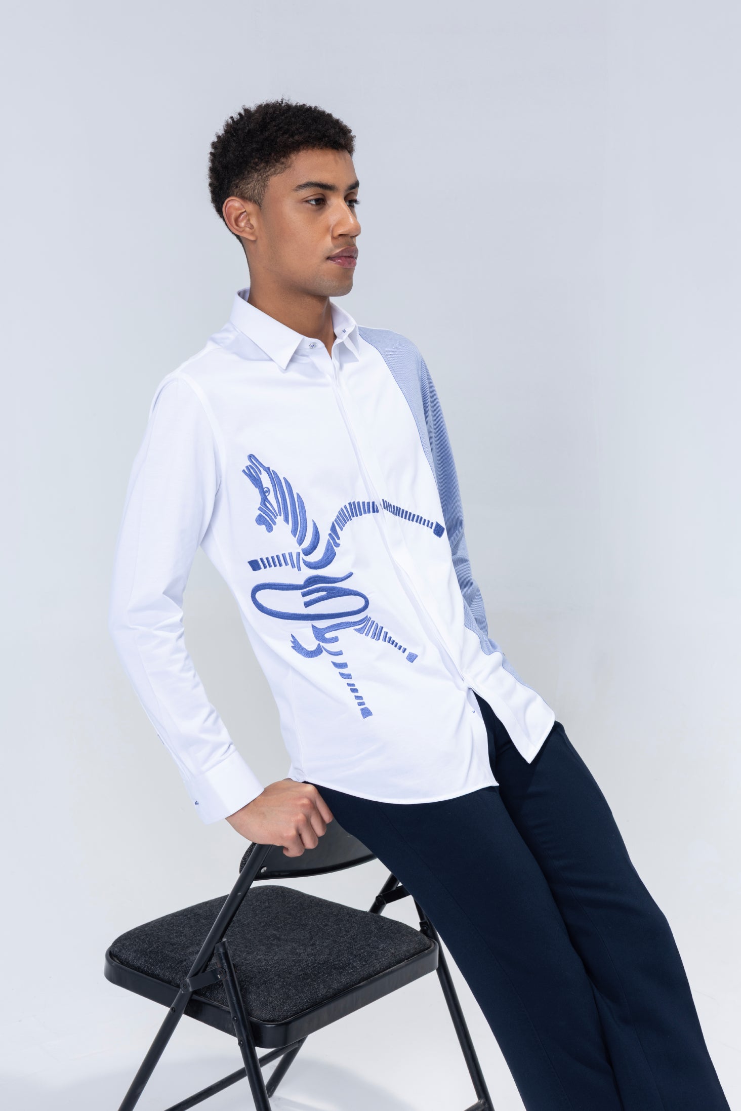 White and blue stripes full sleeved shirt with embroidered Zebra motif