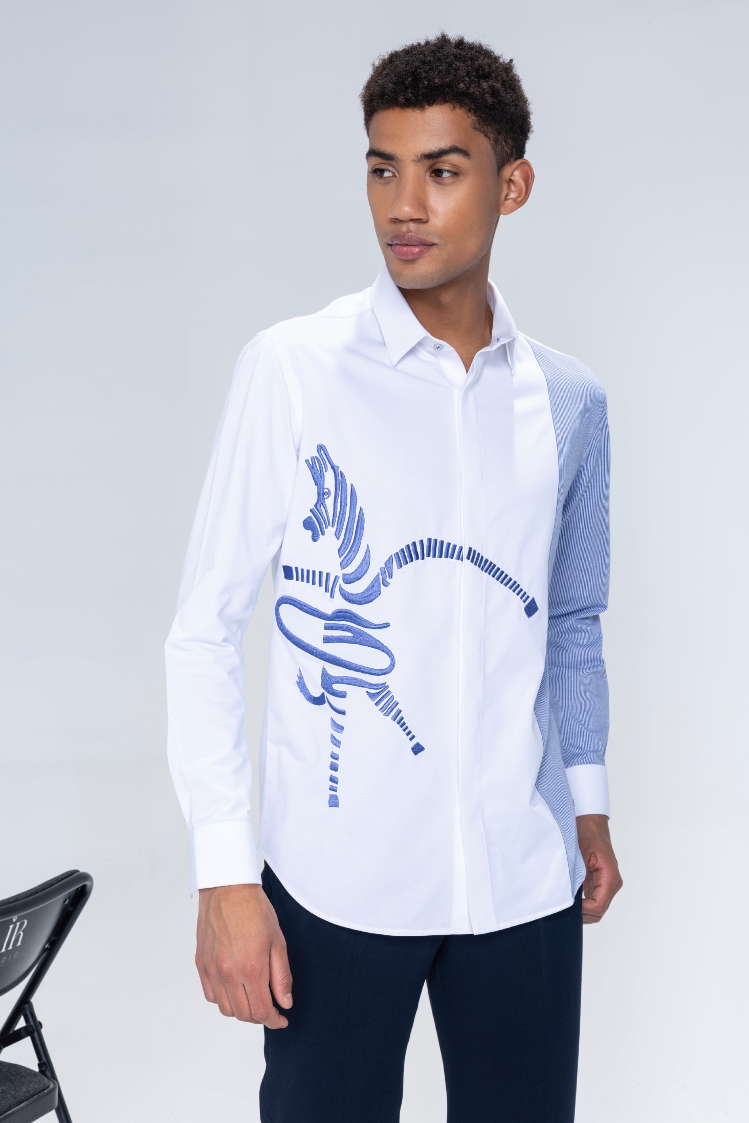 White and blue stripes full sleeved shirt with embroidered Zebra motif