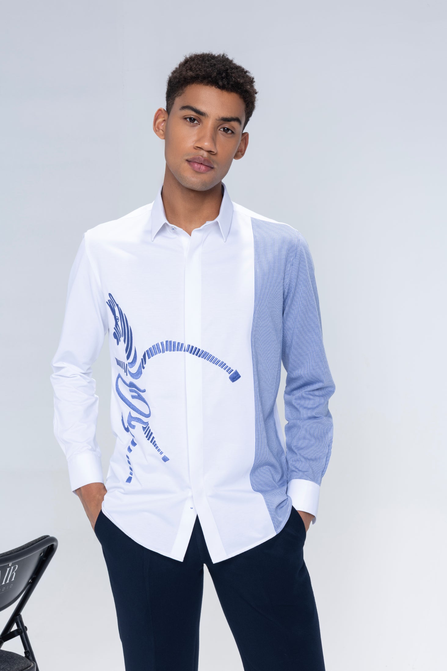 White and blue stripes full sleeved shirt with embroidered Zebra motif