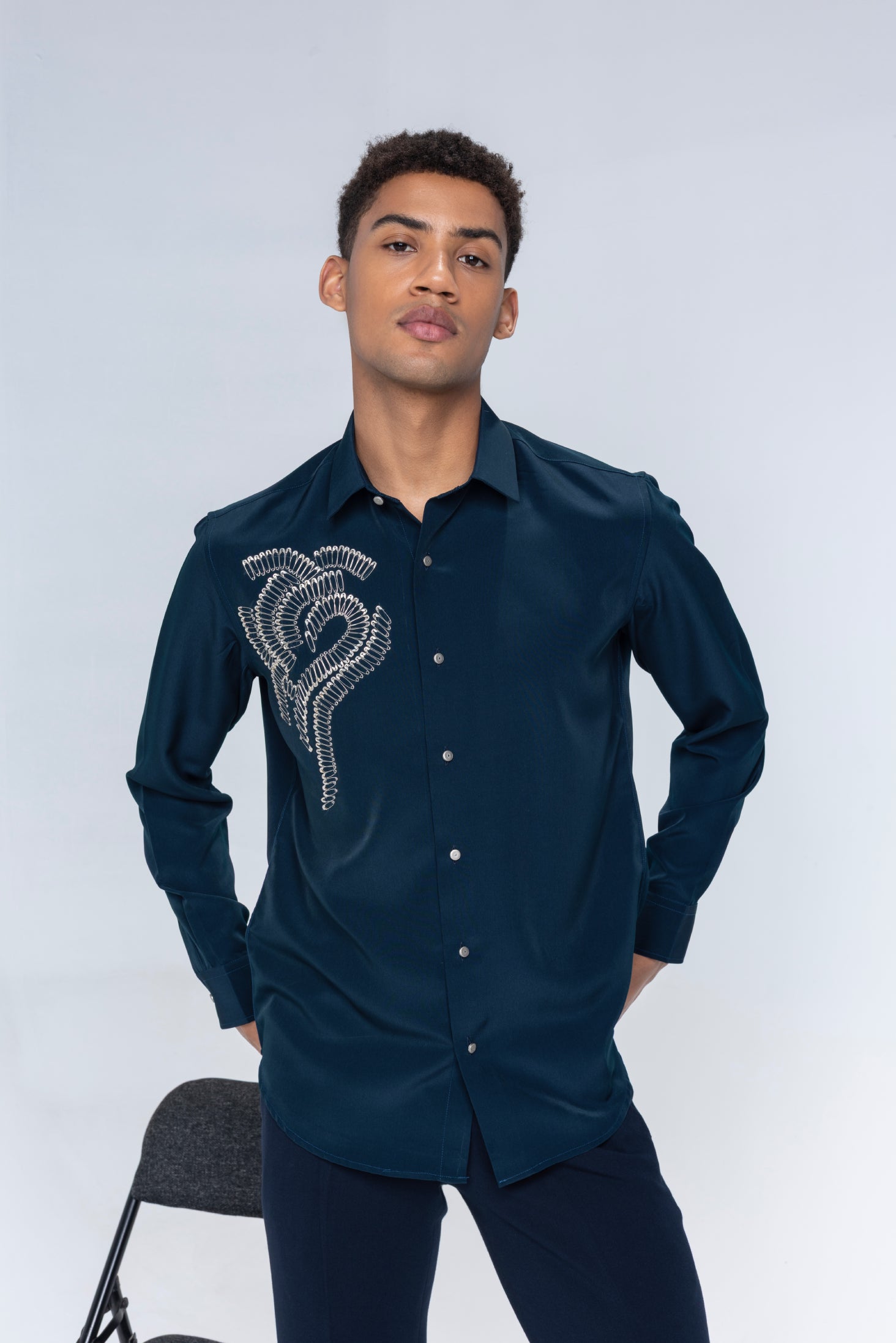 Buy Branded Dark turquoise shirt embellished with safety pins