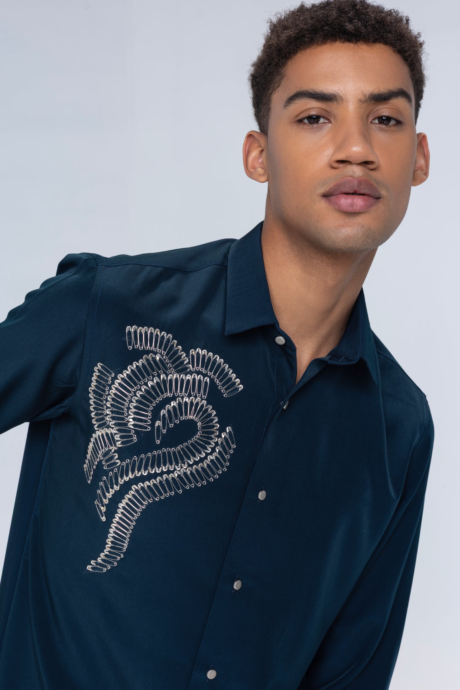 Buy Branded Dark turquoise shirt embellished with safety pins