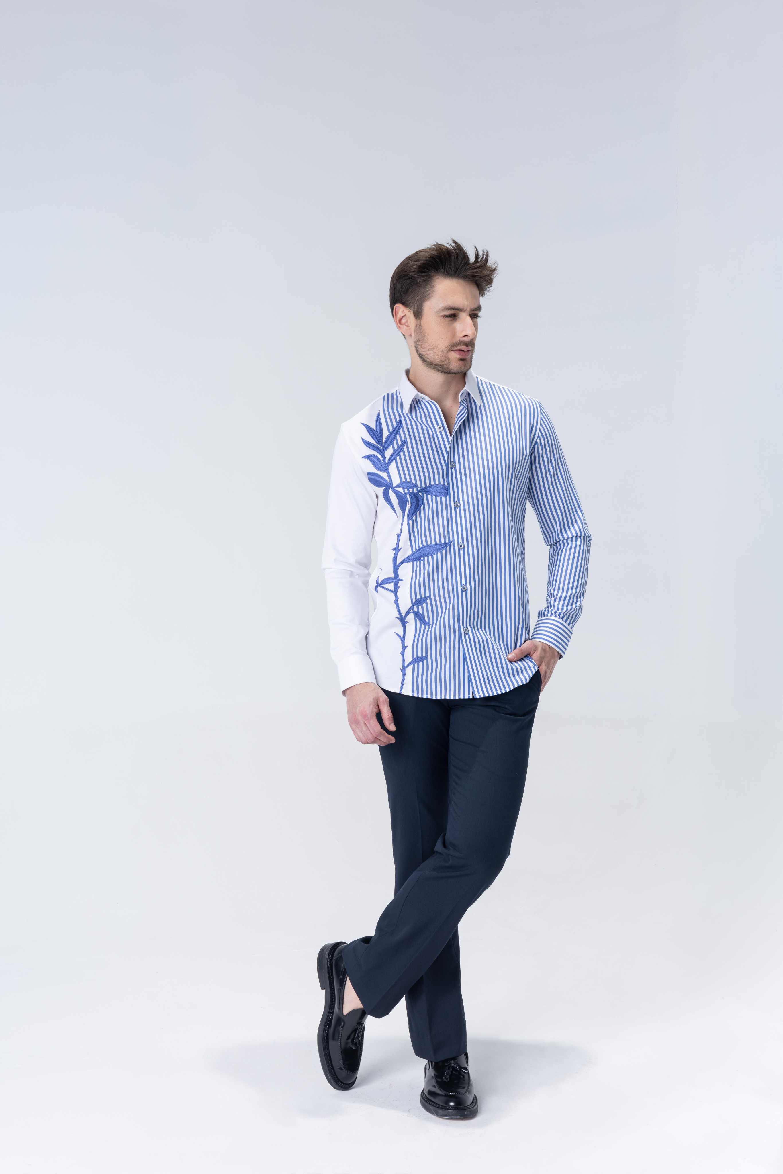 White and blue stripes full sleeved shirt with embroidered Flower motif