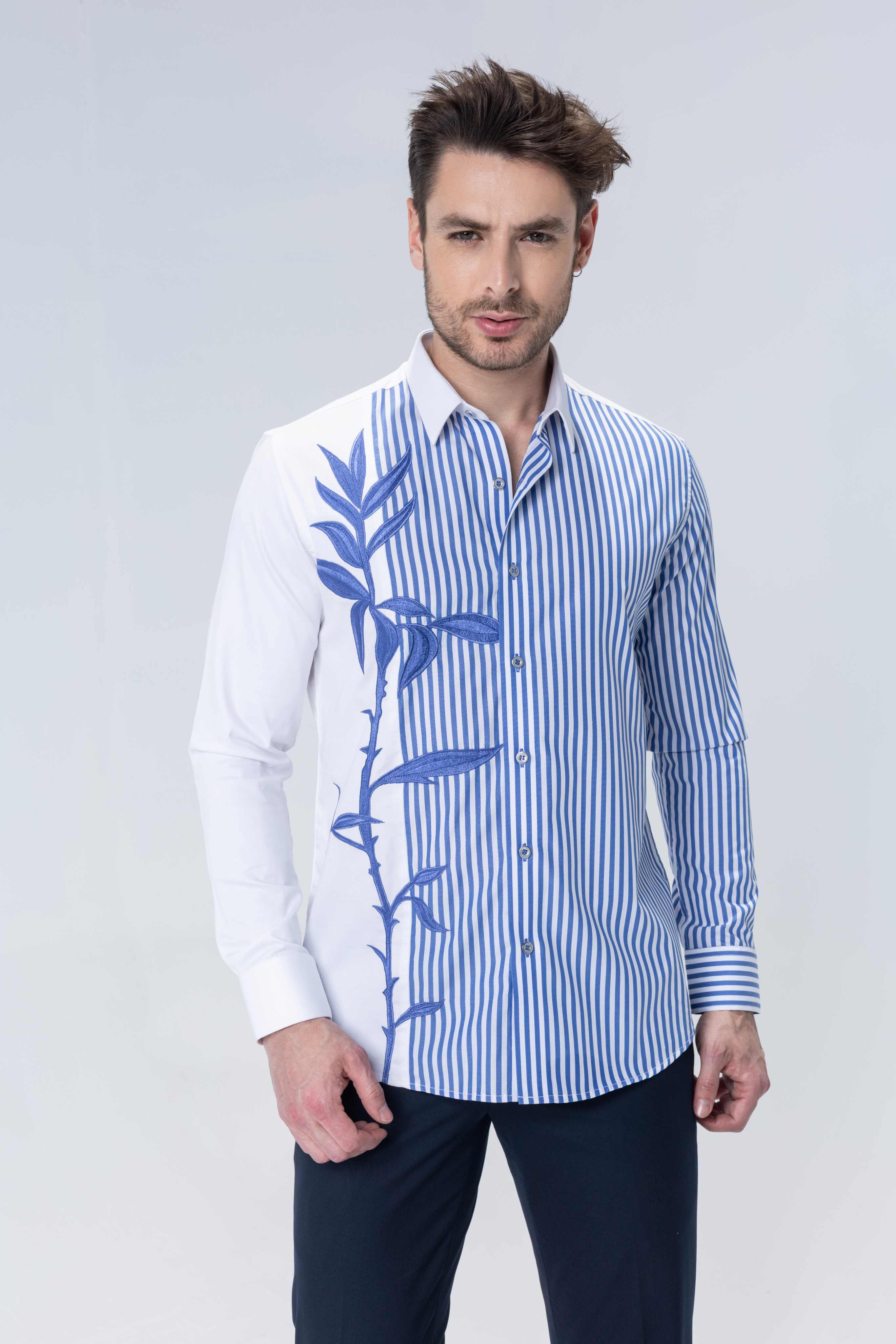 White and blue stripes full sleeved shirt with embroidered Flower motif