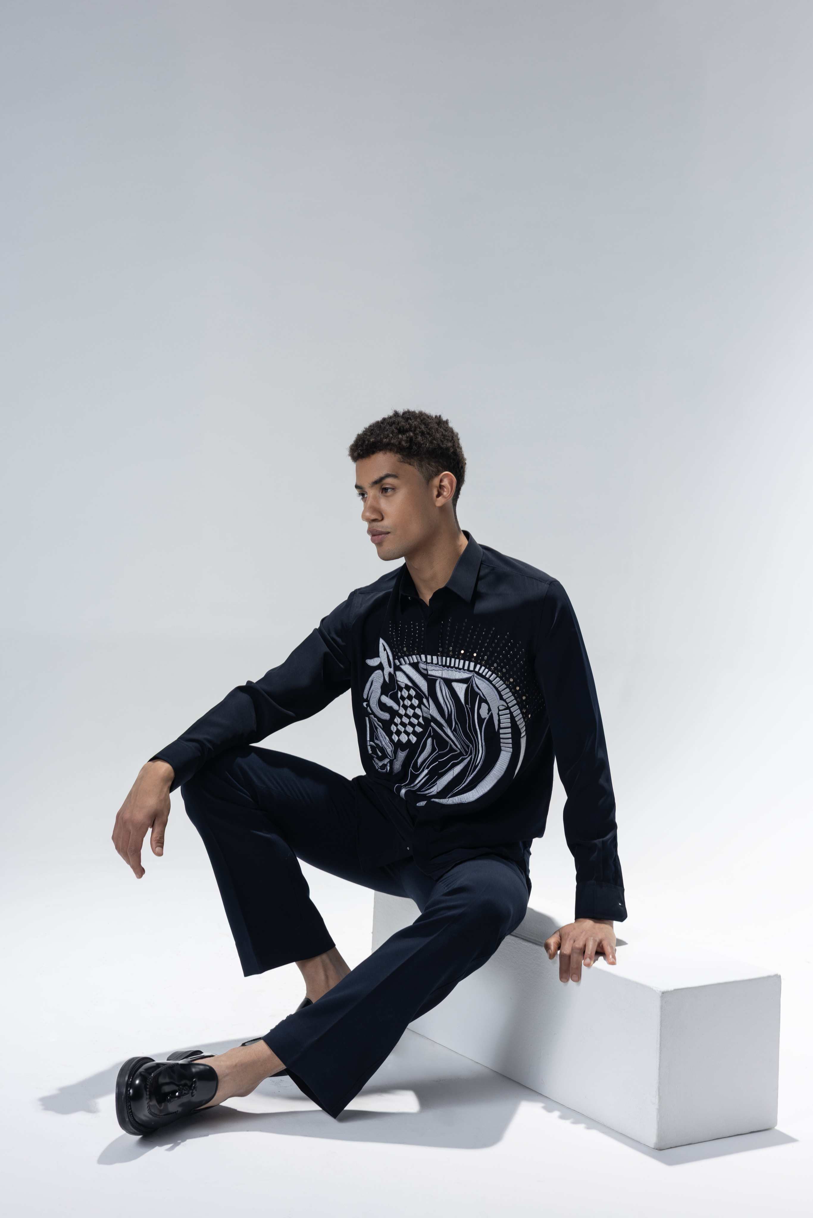 Navy Blue full sleeved shirt with embroidered Horse motif