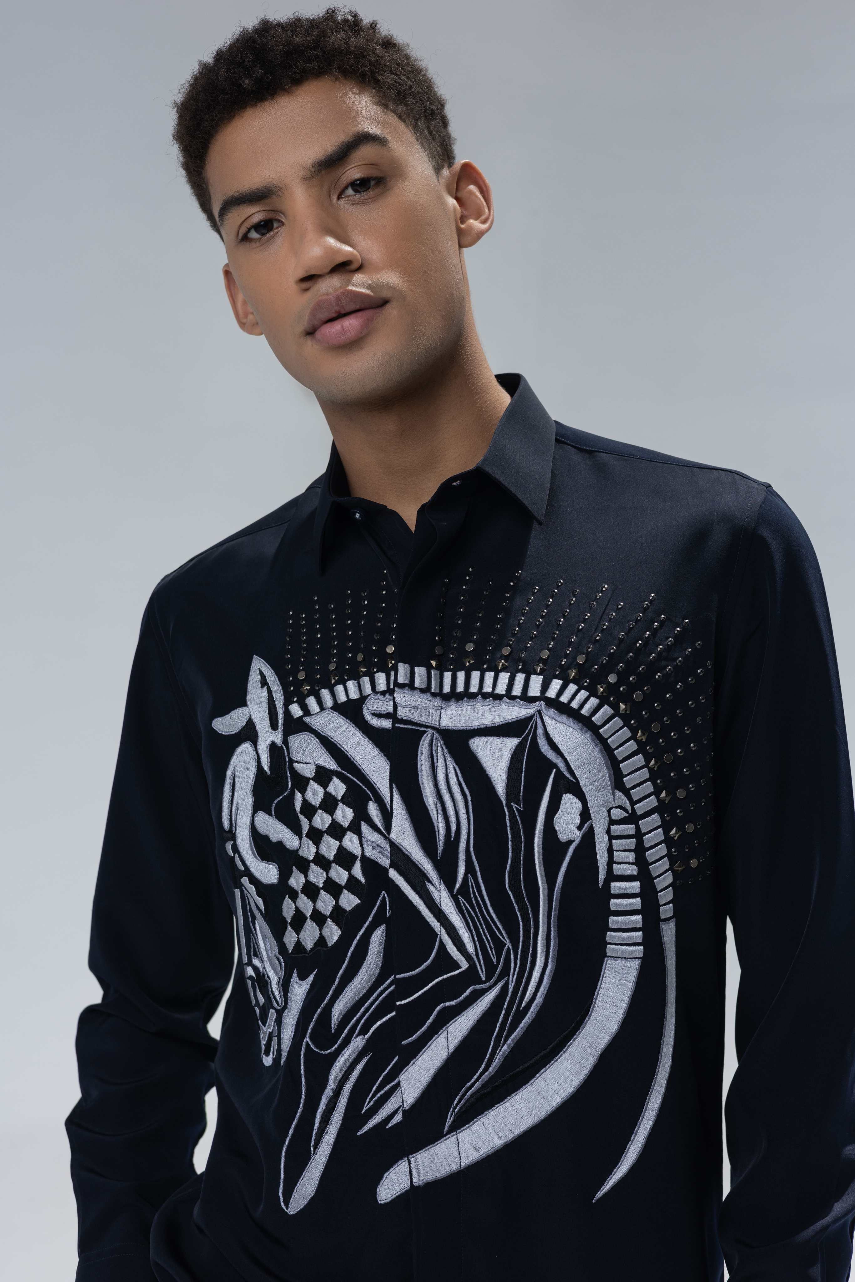 Navy Blue full sleeved shirt with embroidered Horse motif