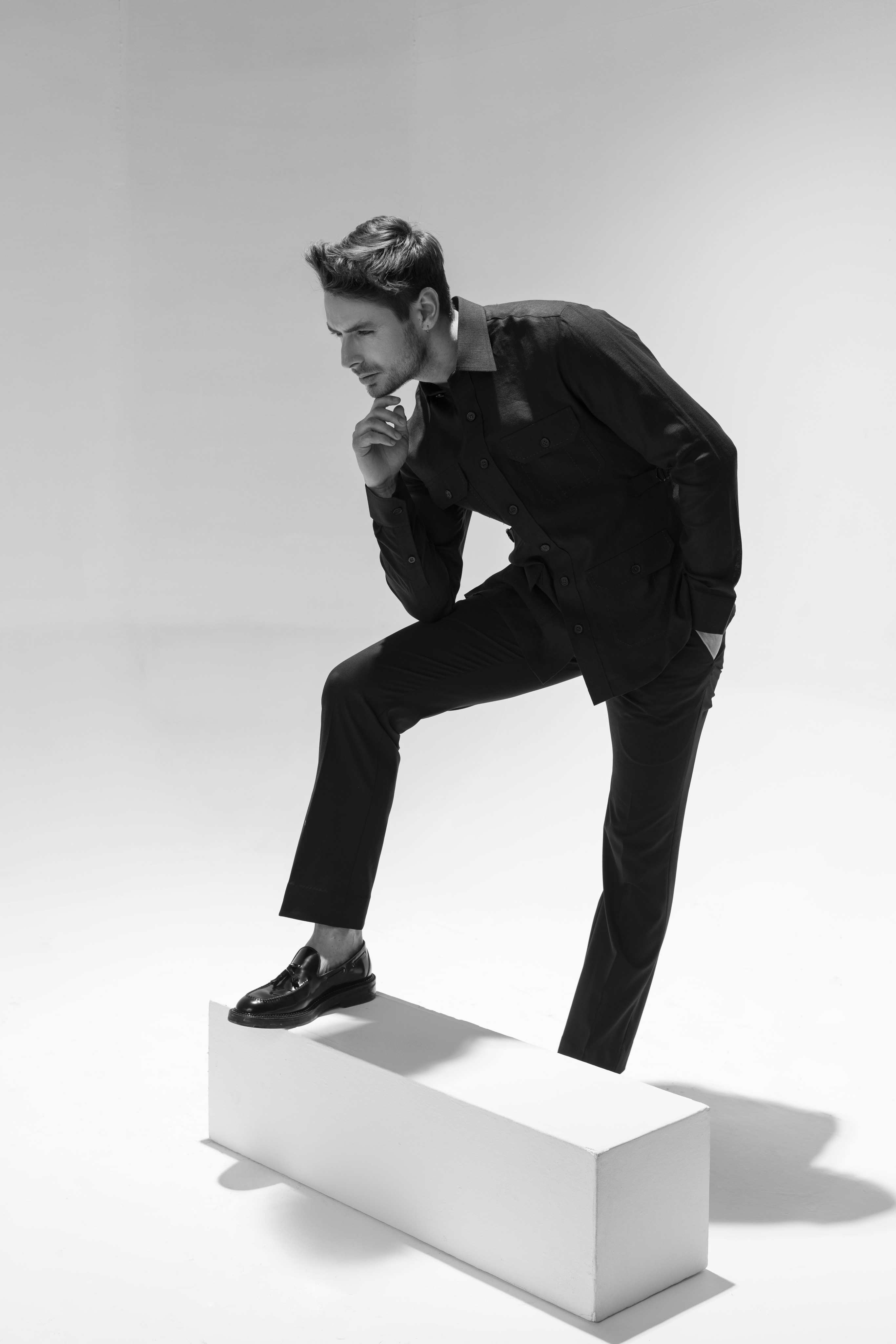 Navy Blue full sleeved linen shirt with 4 patch pockets and buckle detailing on sides