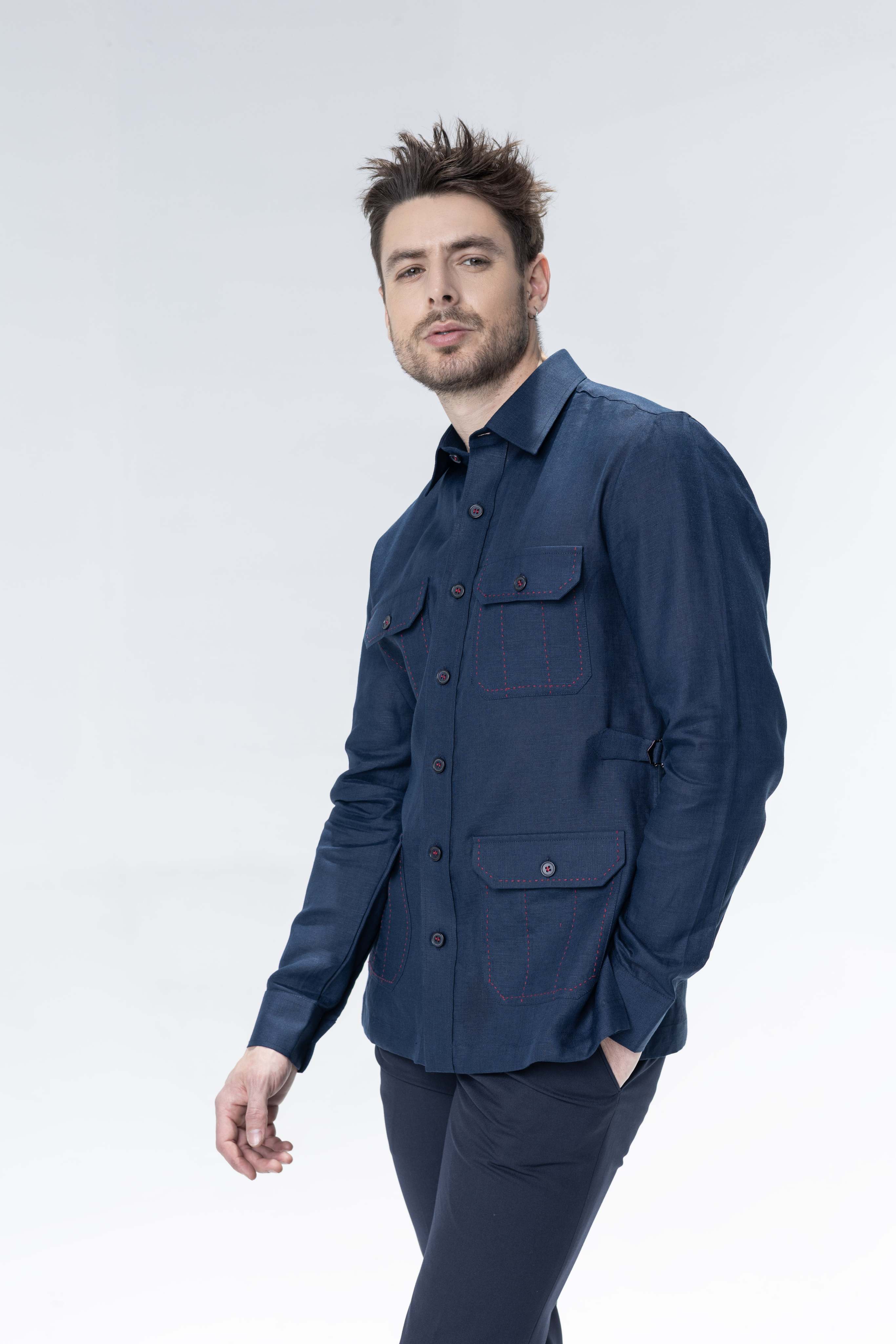 Navy Blue full sleeved linen shirt with 4 patch pockets and buckle detailing on sides