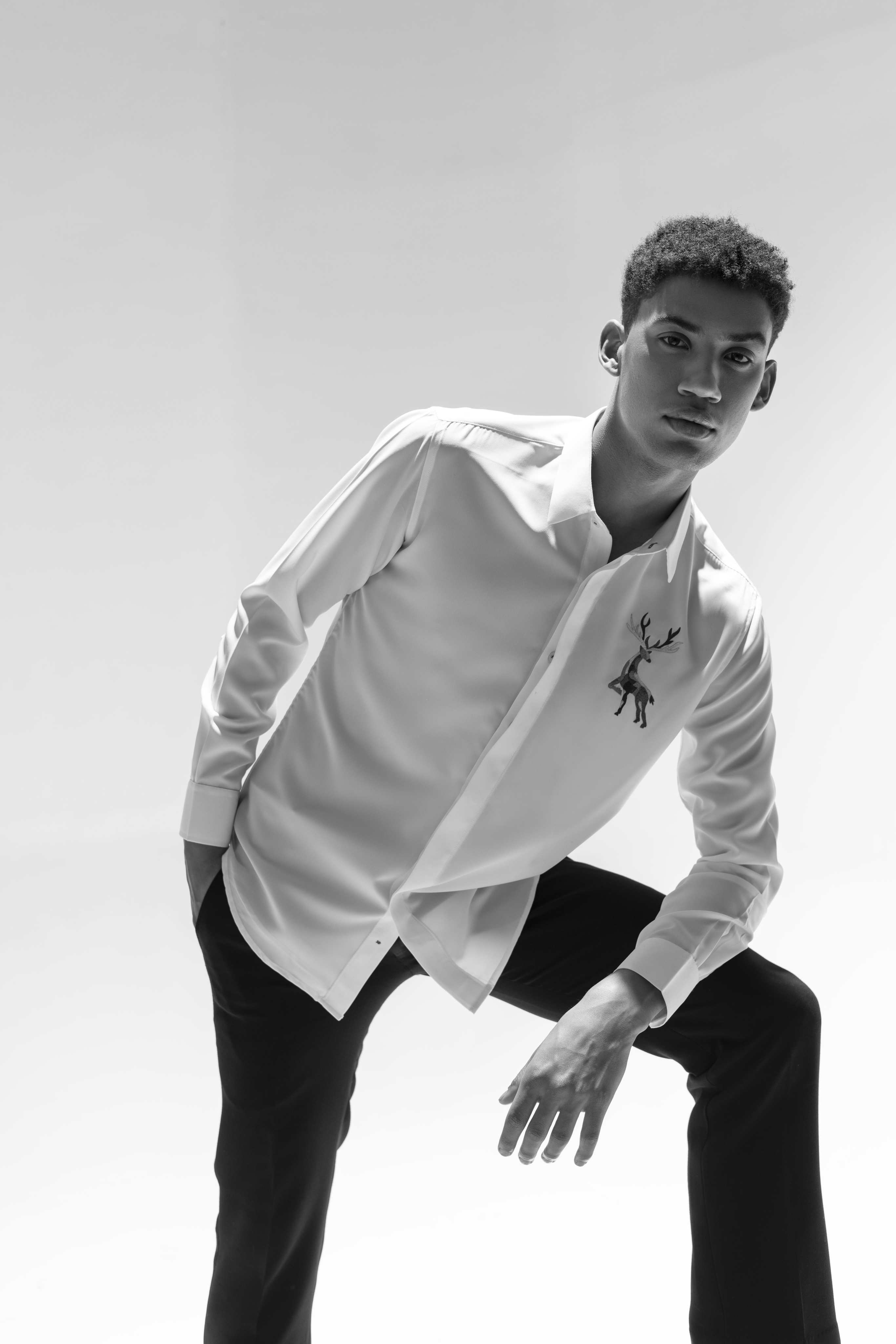 White full sleeved shirt with embroidered multi-color Reindeer motif